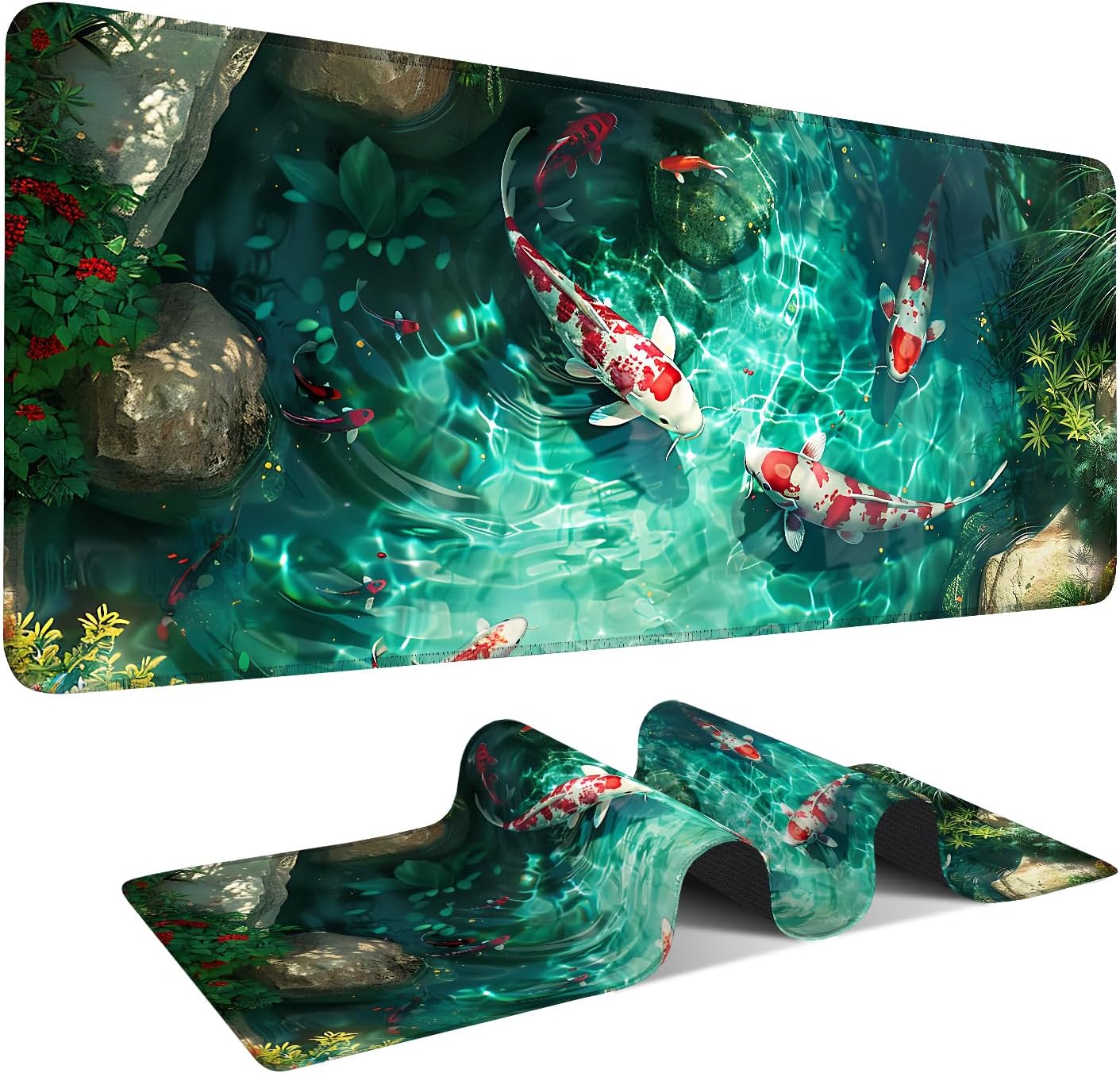 Large Mouse Pad Koi Fish Desk Mat, Extended Gaming Mouse Pad with Non-Slip Rubber Base, Thick 3mm Smooth Surface Keyboard Mat for Office & Home,35.43 x 15.75 in
