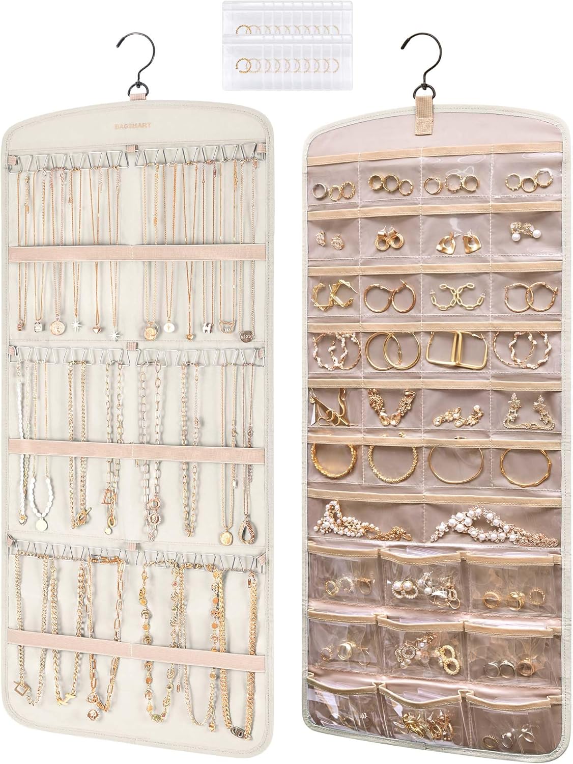 BAGSMART Hanging Jewelry Organizer, Necklace Holder Anti-tangle Earrings Rings Hanger with Pockets Hang on Closet, Wall, Door,1 Piece, Large Beige