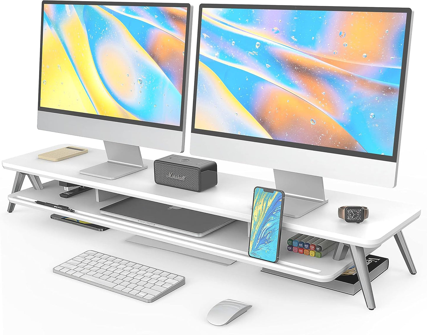 Fenge Dual Monitor Stand, Monitor Stands Riser for 2 monitors, 42.5 Inch Wood Desk Shelf with Storage Organizer and Cable Management for Office Desk Accessories
