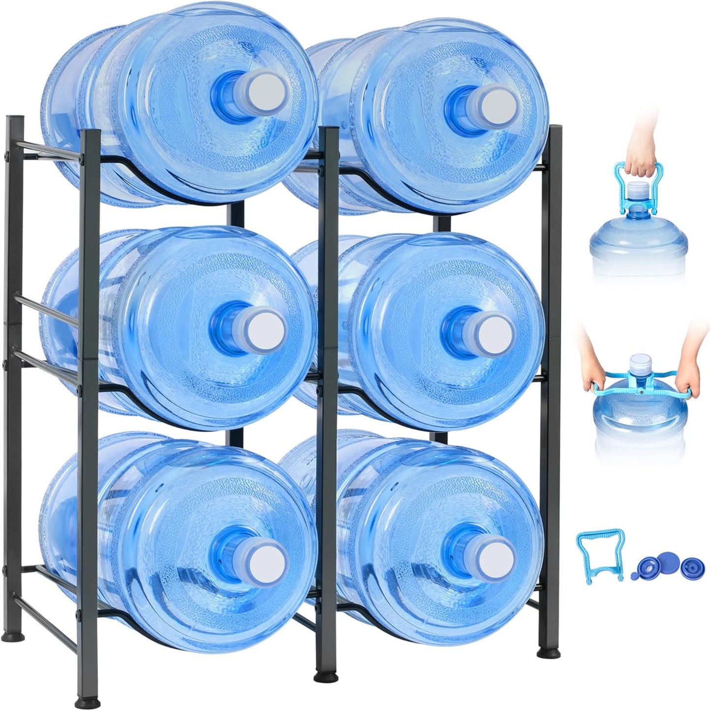 Klvied 5 Gallon Water Jug Holder - 3 Tier Rack, Heavy Duty Stand for 6 Bottles with Lifter and Cap