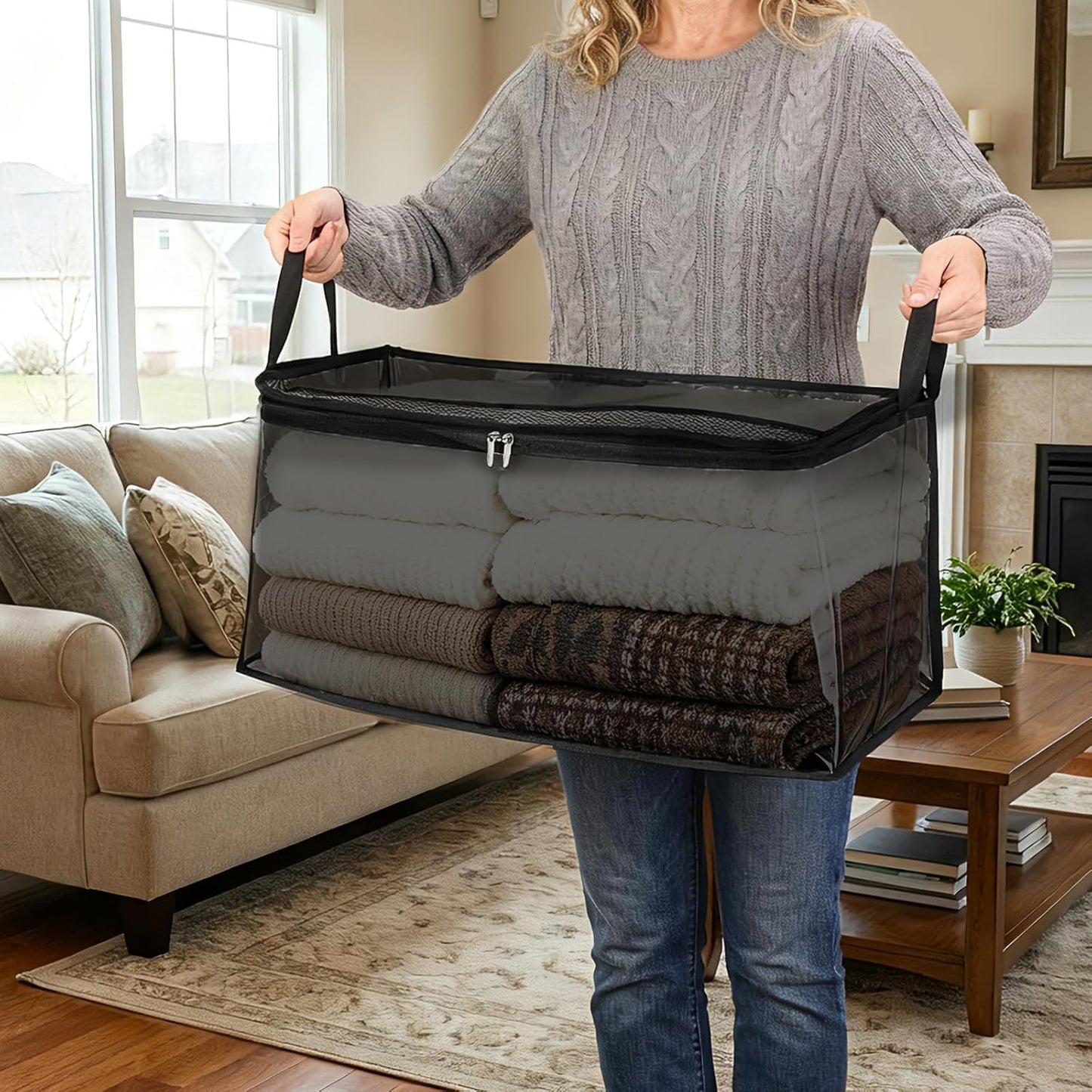 Fixwal 60L Blanket Storage Bags 4 Pack Clothes Storage Bins Foldable Thick Closet Organizers Storage Containers with Reinforced Handle for Clothing, Blanket, Comforters, Pillows(Black,PVC)