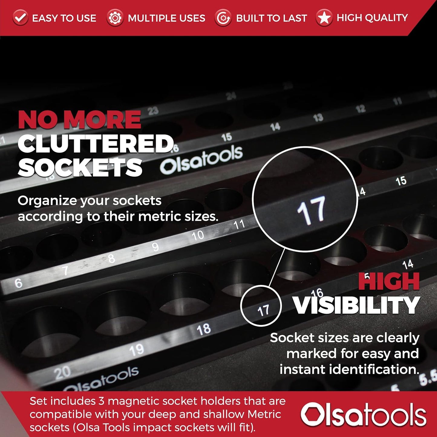 Olsa Tools Magnetic Socket Organizer | 3 Piece Socket Holder Kit | 1/2-Inch, 3/8-Inch, & 1/4-Inch Drive | Metric Black | Holds 75 Sockets | Professional-Grade
