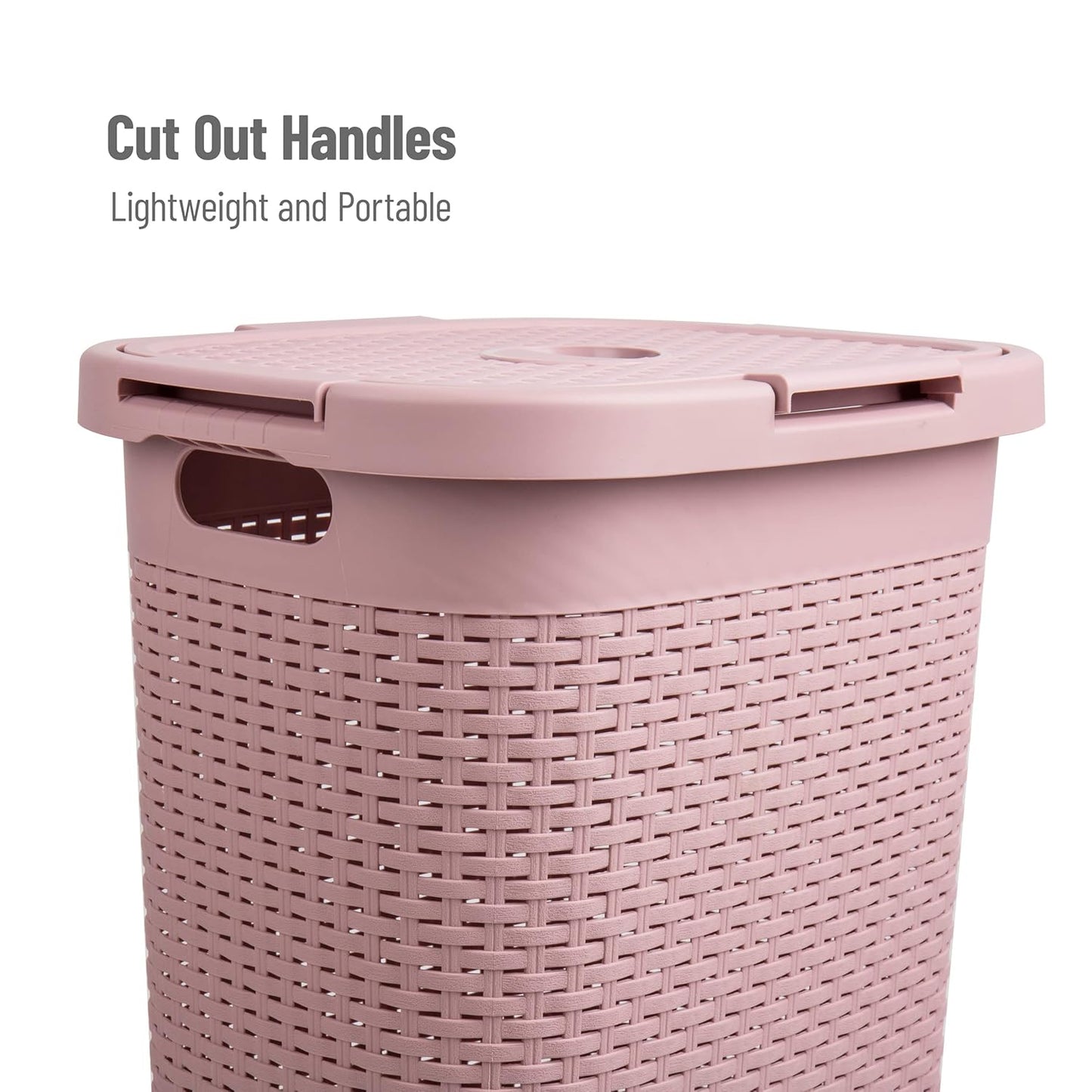 Mind Reader Slim Laundry Hamper with Lid, 60L Clothes Basket, Premium Wicker Design, Plastic, Pink
