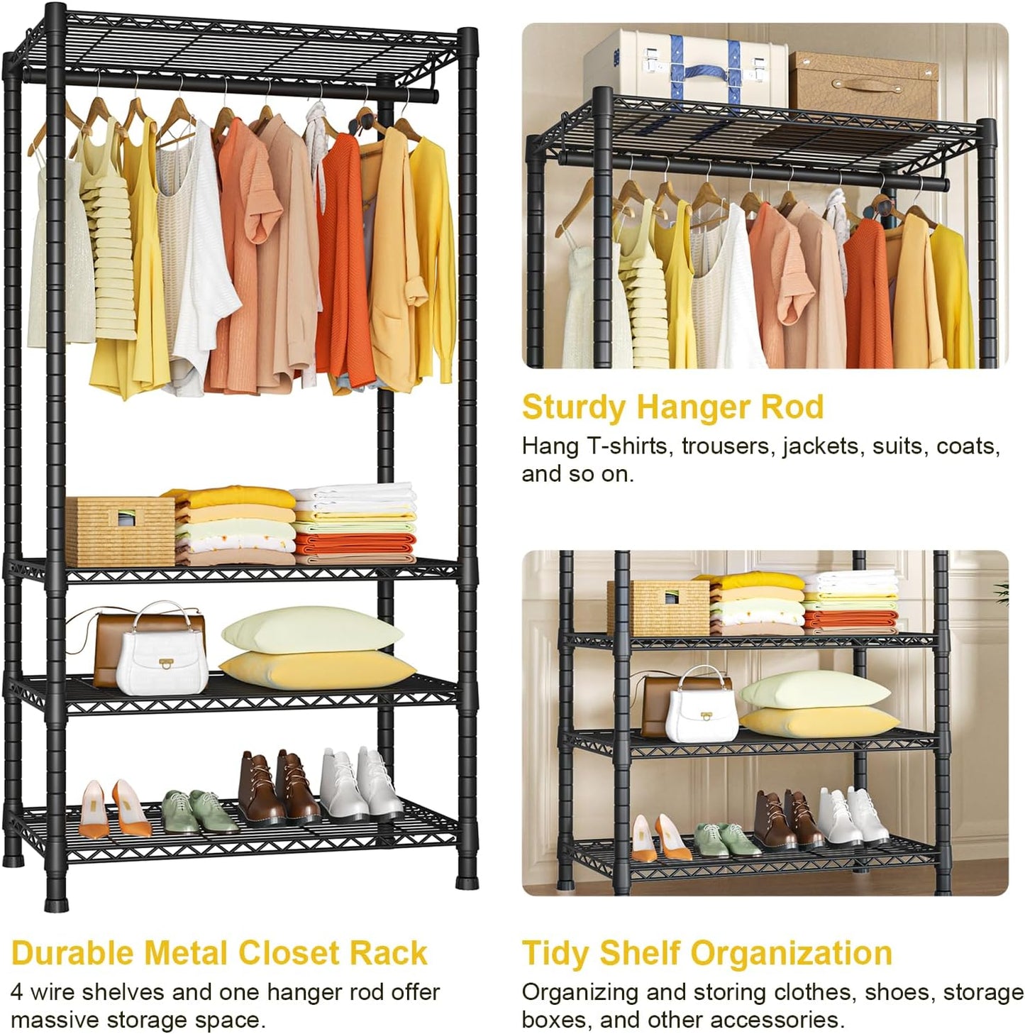 Ulif H2 Heavy Duty Clothes Rack, Freestanding 4 Tiers Garment Rack for Hanging Clothes with Shelves and Hangers, Closet Organizers and Storage Metal Closet Wardrobe System, Max Load 500 LBS, Black