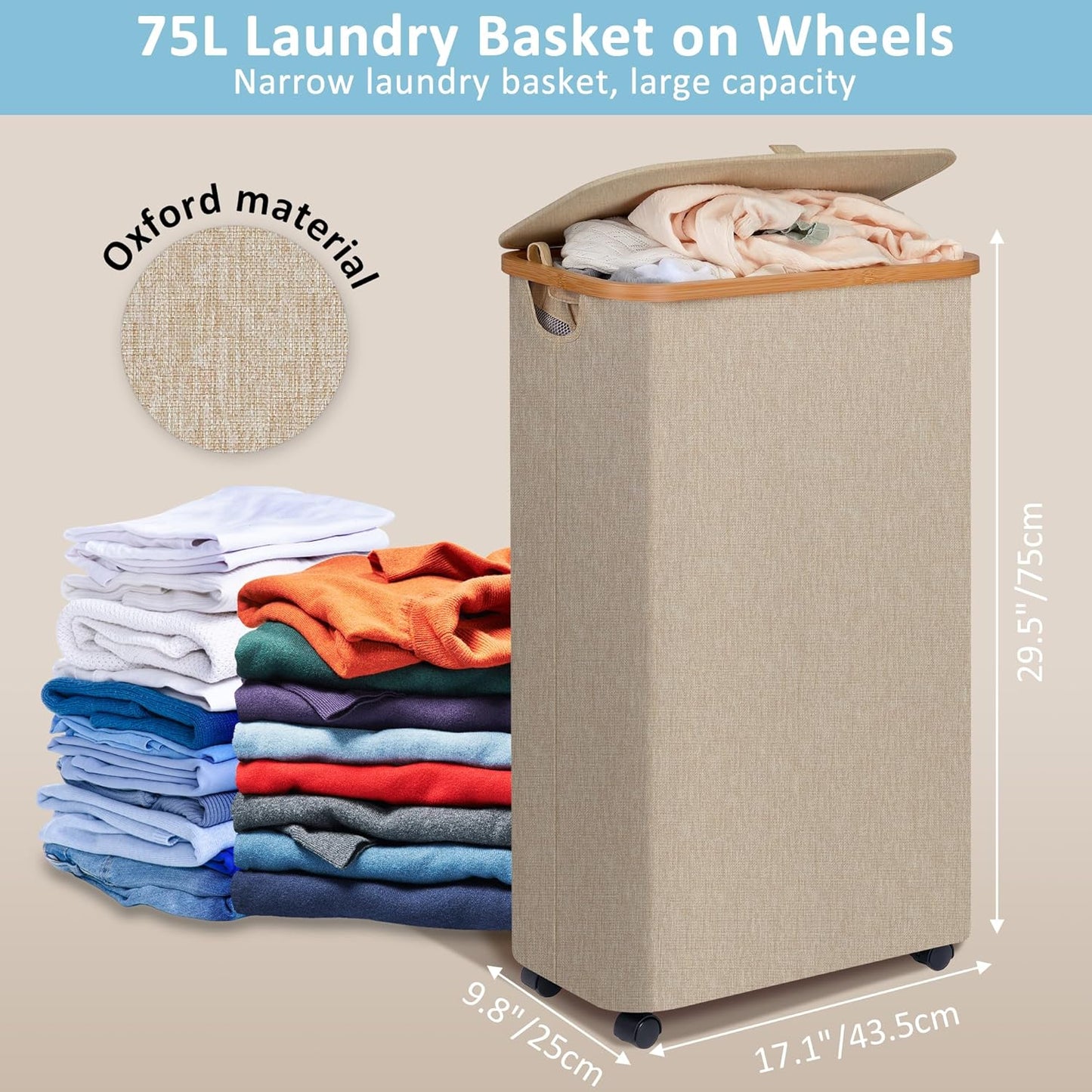efluky Laundry Basket with Wheels, Tall Rolling Laundry Hamper with Lid and Removable Bag, Aesthetic Dirty Clothes Hamper on Wheels for Laundry Room, Bedroom, Dorm and Bathroom, 75L Oatmeal