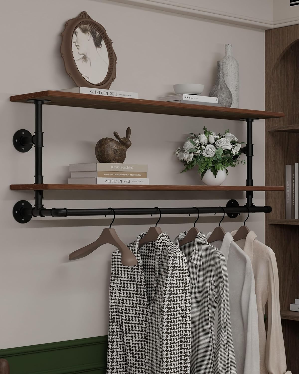 Clothes Rack 36/42/48in, Wall Mounted Garment Rack with Real Wood Shelf, Heavy Duty Hanging Clothes Rack, Multi-Purpose Hanging Rod, Space-Saving Closet Storage (1T36IN) (2T48IN)