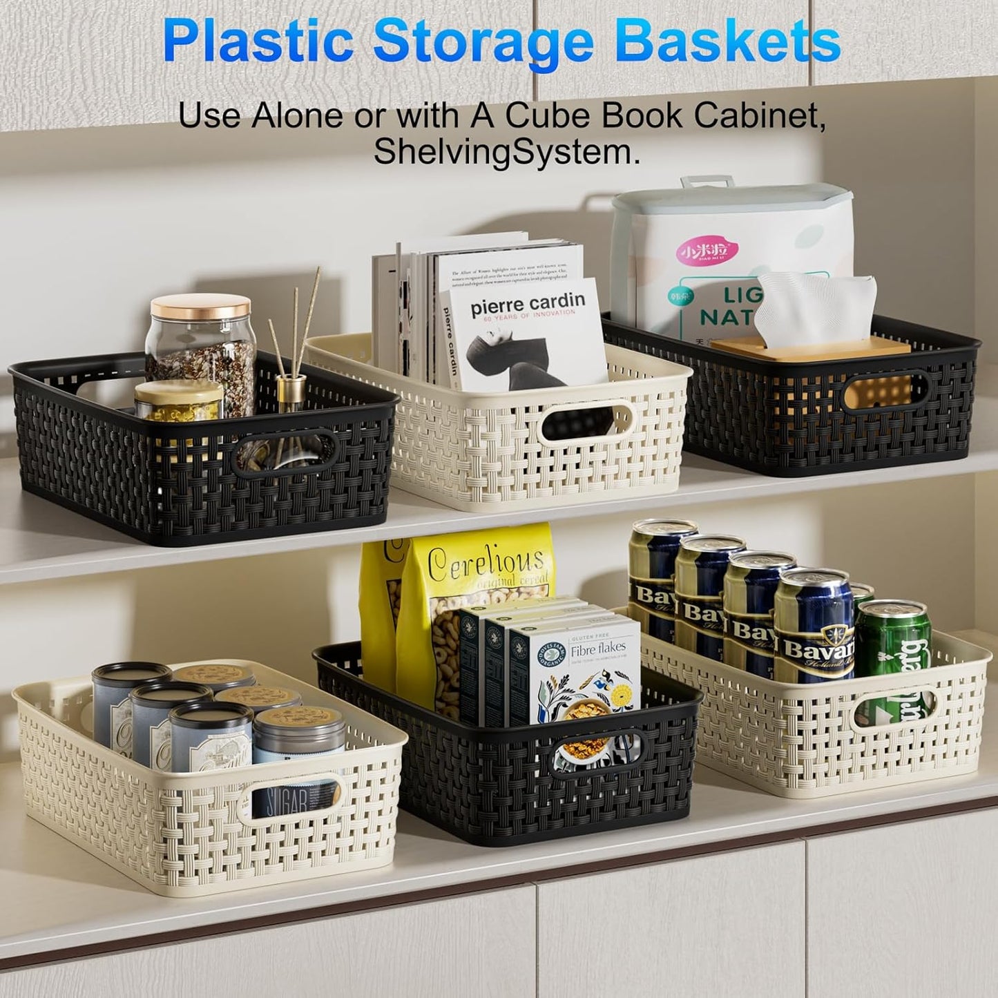 White Plastic Basket, 8 Pack Home Organization and Storage Baskets with Handles, Space Saving Woven Organizer Bins Plastic Storage Basket for Organizing Cabinets,Closets, Shelves, Countertops