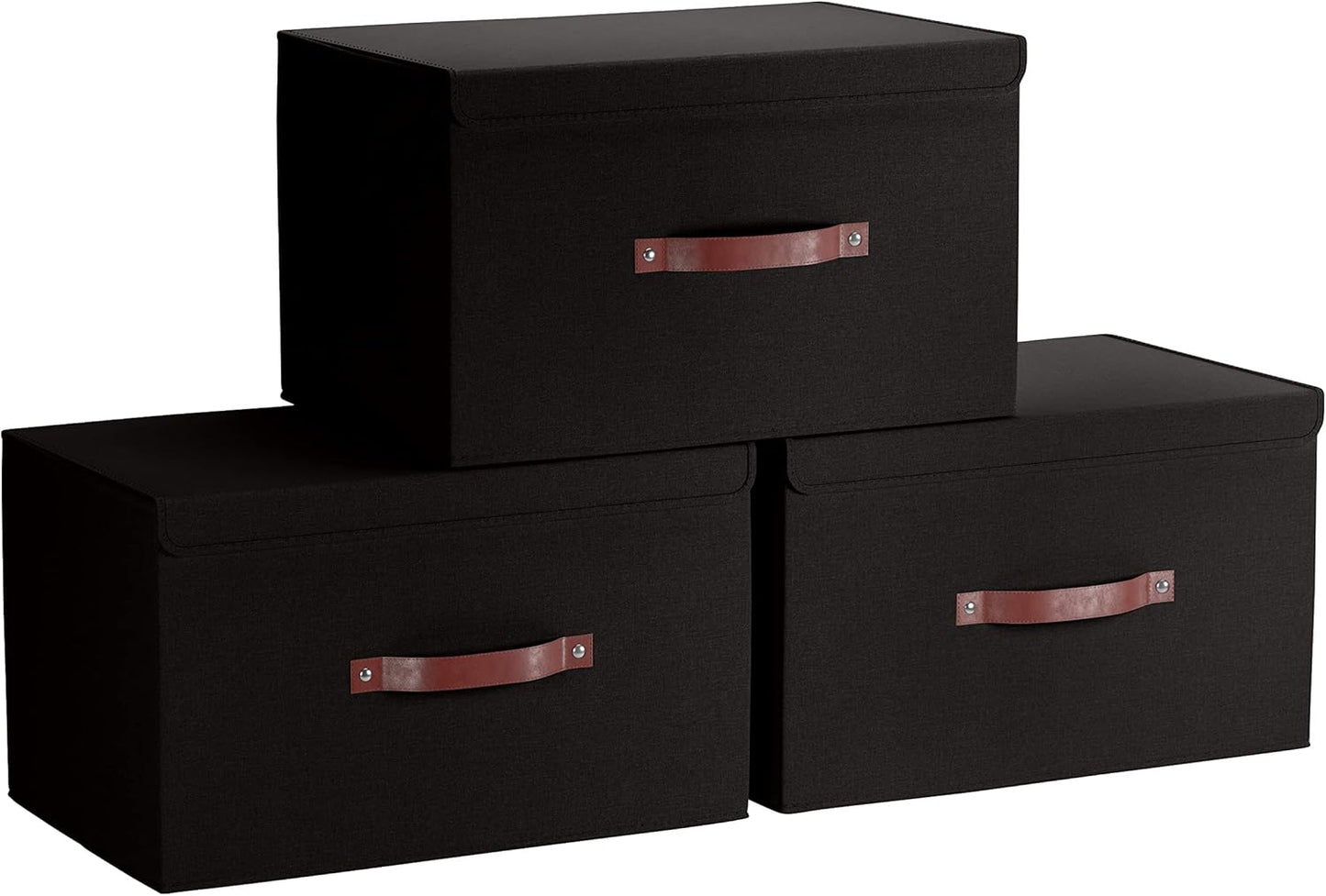 Ornavo Home 3 Pack Collapsible Storage Bins with Lid, Foldable Linen Fabric Shelf Storage Basket Closet Organizer and Large Storage Box for Clothes with Leather Handles, 16.5 x 11.8 x 7.5, Black