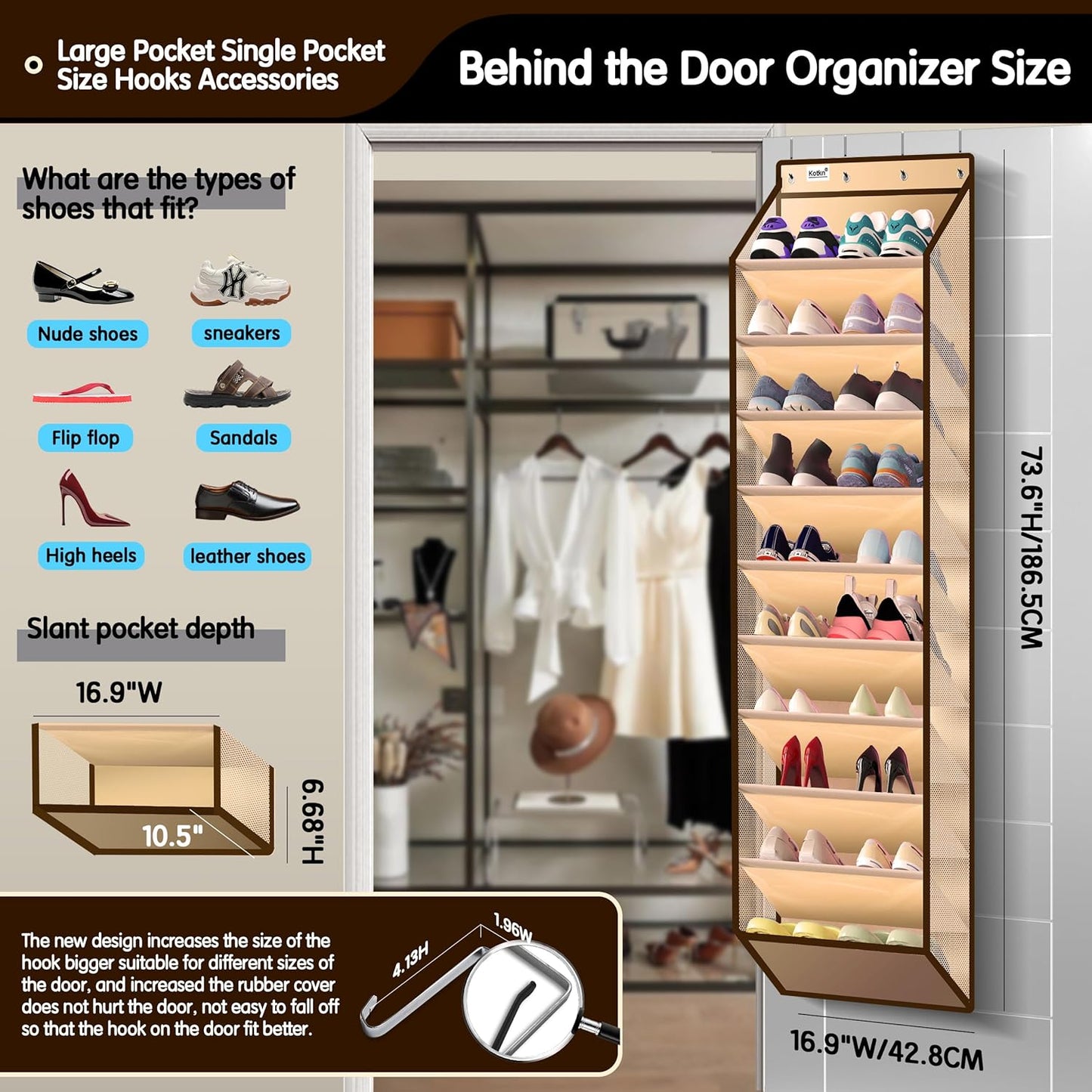 10 Tier Over The Door Organizer - Heavy Duty Hanging Storage Rack with Sturdy Oxford Fabric, Holds 20+ Pairs of Footwear, Boots & Sneakers, Saves 50% Closet Space(Beige)