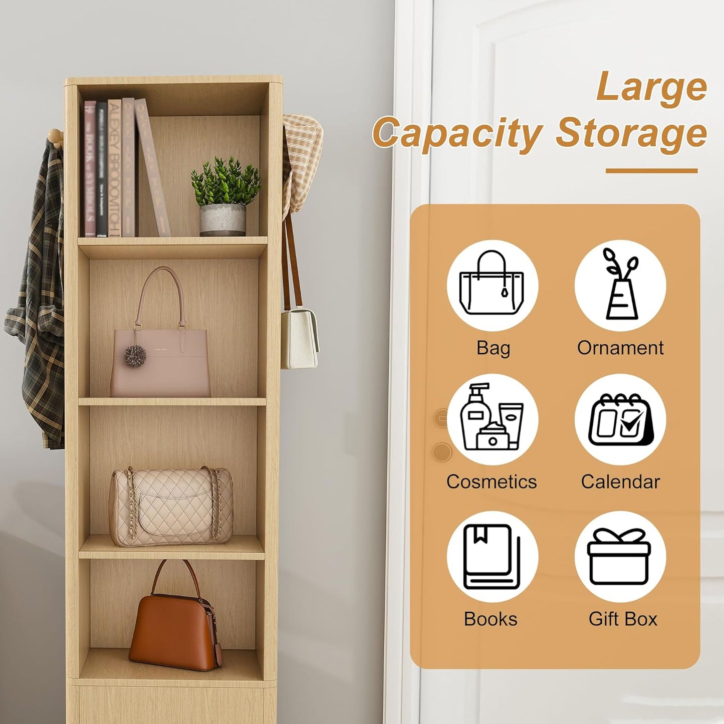 Montary 360° Rotating Makeup & Jewelry Cabinet with Full-Length Mirror - Standing Storage Organizer with Coat Rack, 4-Tier Open & Built-in Shelves, Walnut