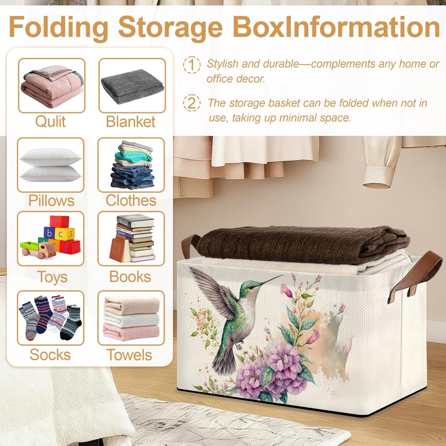 32L Large Storage Bins with Handles, Basket Organizer for Shelves, Closet, Books, Laundry & Home Decor (Hummingbird Flower)