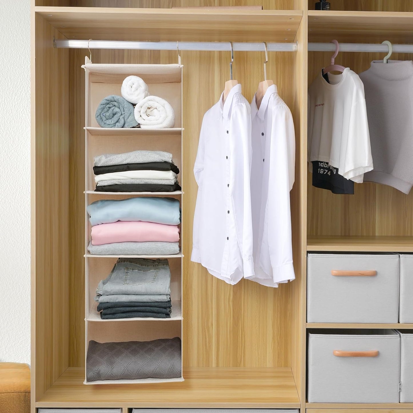 Large Hanging Sweater Organizer for Closet,Collapsible 6-Shelf Hanging Closet Shelves with Drawers, Washable (Beige -5 Shelf)