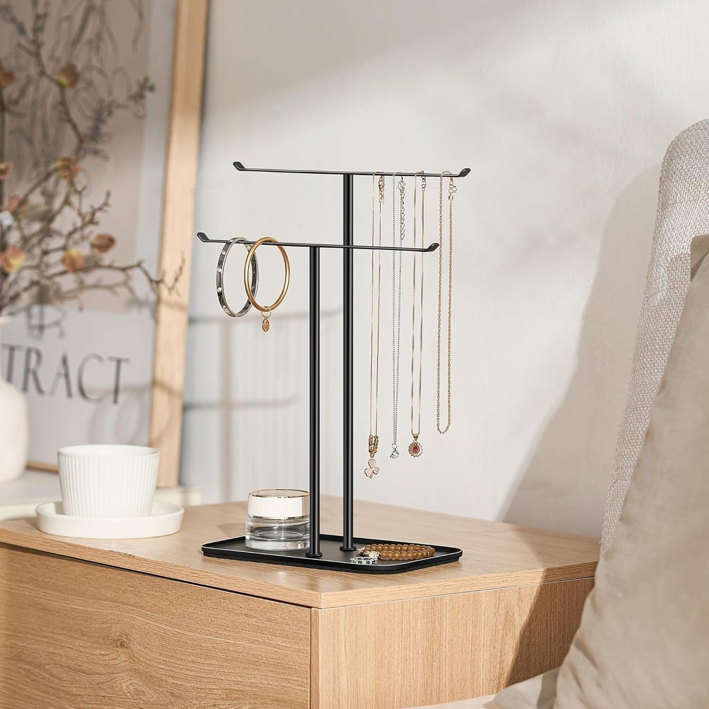 pickpiff Necklace Holder Jewelry Organizer Stand – 2‑Tier T‑Bar Jewelry Display Tree with Tray for Countertop Necklace Bracelet Earring Storage, Vanity Dresser Bathroom Sink, Black