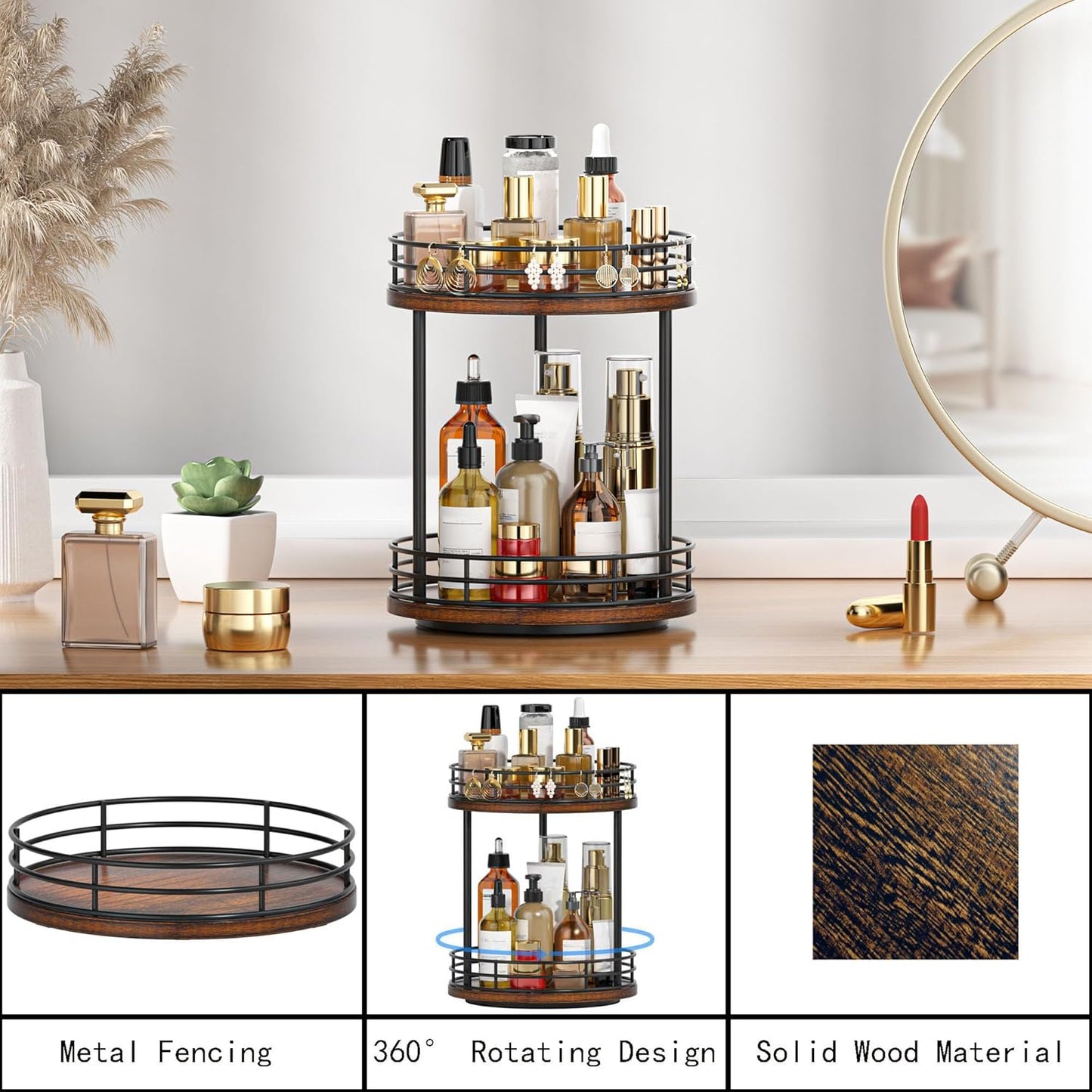 Bathroom Organizer Countertop,2 Tier Rotating Makeup Organizer Countertop for Vanity,Wooden Bathroom Counter Storage Shelf,Vanity Tray for Perfume,Skincare,Cosmetic