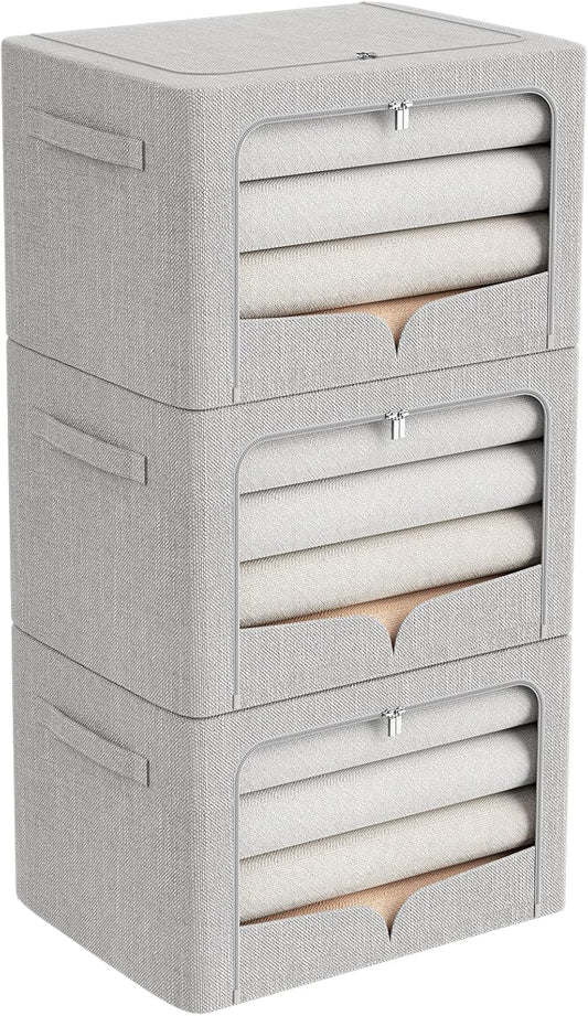 FHSQX 3 Pack Clothes Storage Bins - Foldable Metal Frame Storage Box - Stackable Linen Fabric Container Organizer Set with Carrying Handles and Clear Window (Light Gray, 19.7x15.7x13inch(66L))