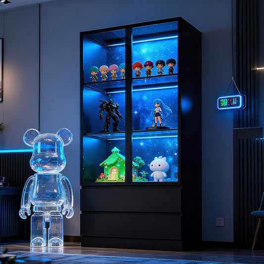 63'' Tall Glass Display Cabinet with LED Lights & 2 Drawers,Showcase with Glass Doors,4-Tier Curio Cabinet for Collectibles Bookcase,Storage Shelf, Bookcase(Black- 2 Drawers)