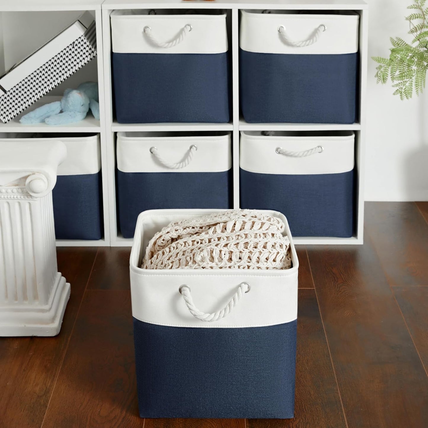 Fabric Storage Cubes, 11 inch cube storage bin with Handles, 11x11cube storage organizer bins, Collapsible Storage Bins for Shelves and Home, Cubby Storage Bins (white-navy, 10.5x10.5x11in)