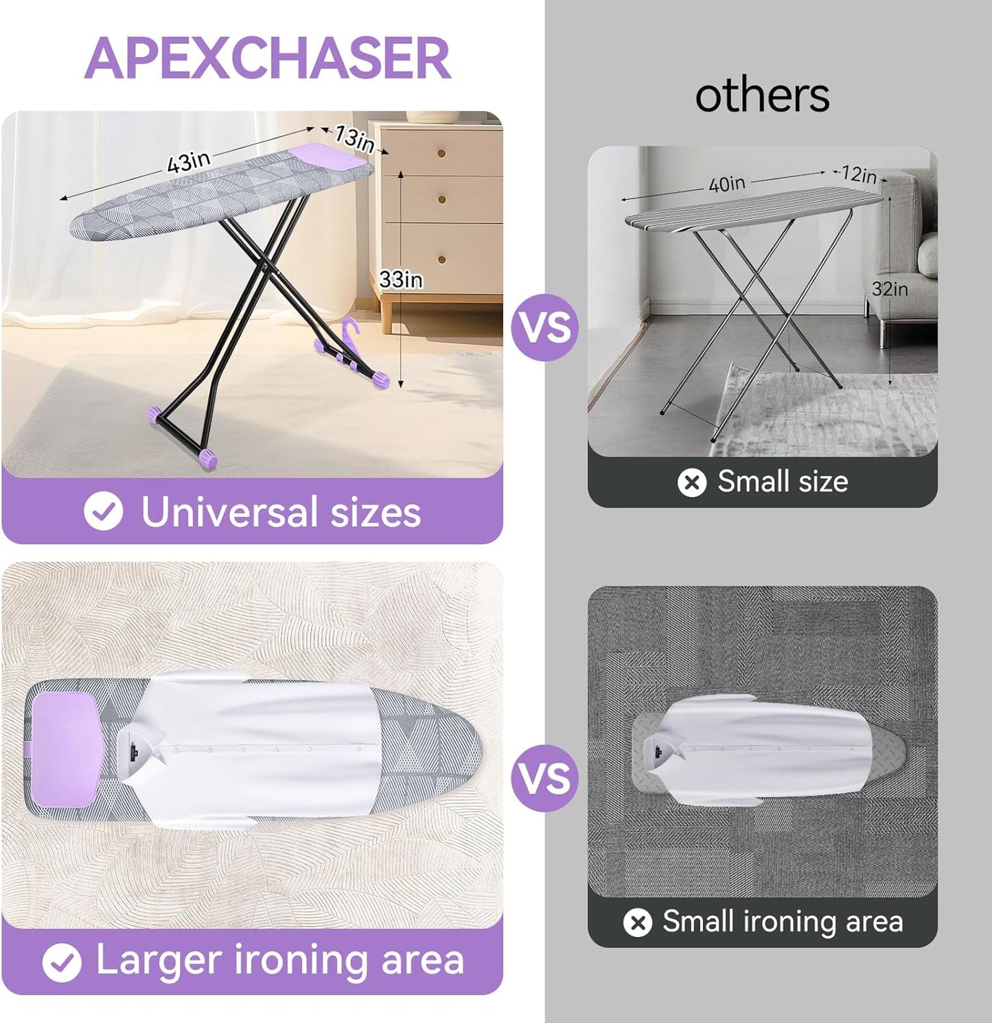 APEXCHASER Ironing Board with Iron Rest, Compact and Space Saver Iron Board, Extra Thick Cover, Height Adjustable, Wall Mount & Closet Hanger 13x43 Grey