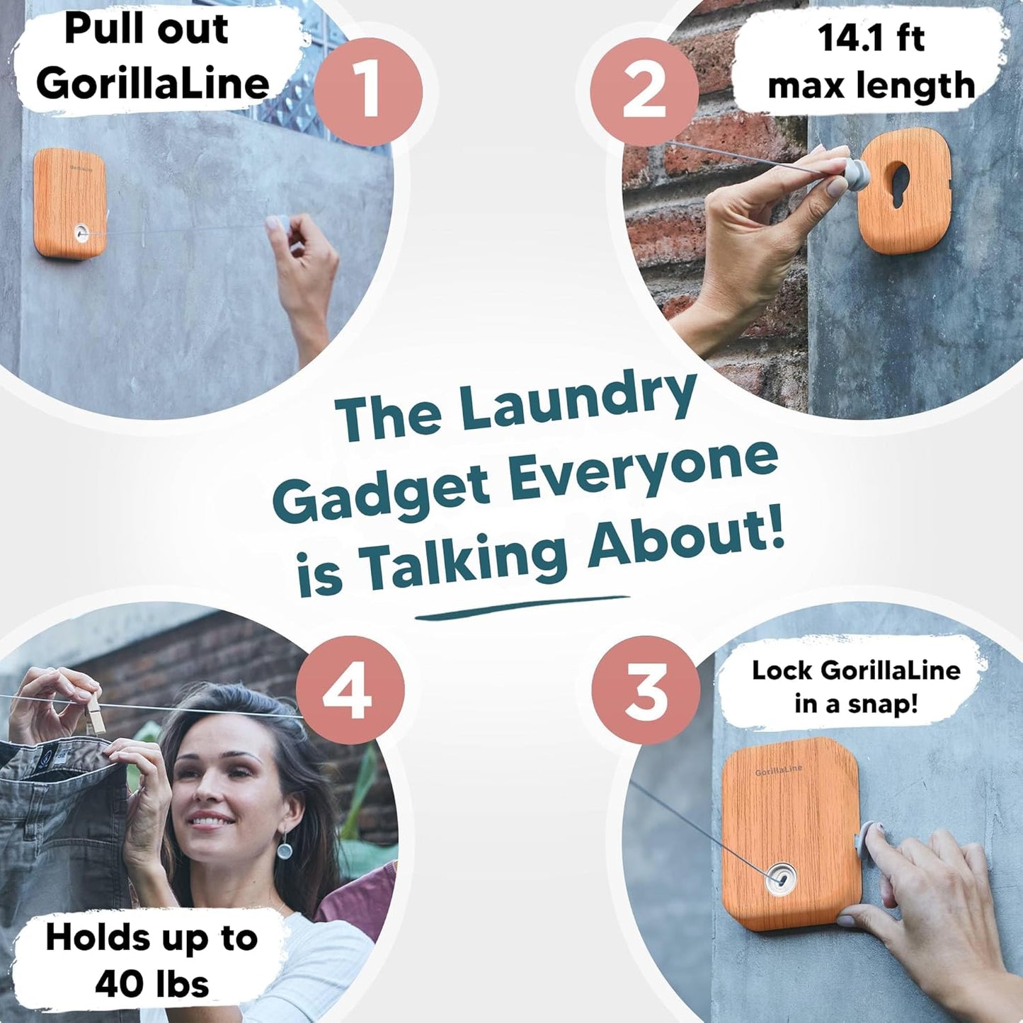 GorillaLine - Retractable Clothesline Indoor Outdoor Clothes Line - Heavy Duty Clothes Drying Laundry Line - Wall Mounted Drying Rack - Air Dry Clothing