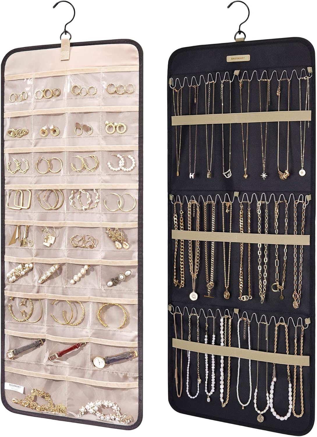 BAGSMART Hanging Jewelry Organizer Storage Roll with Hanger Metal Hooks Double-Sided Jewelry Holder for Earrings, Necklaces, Rings on Closet, Wall, Door, 1 piece, Large, Black