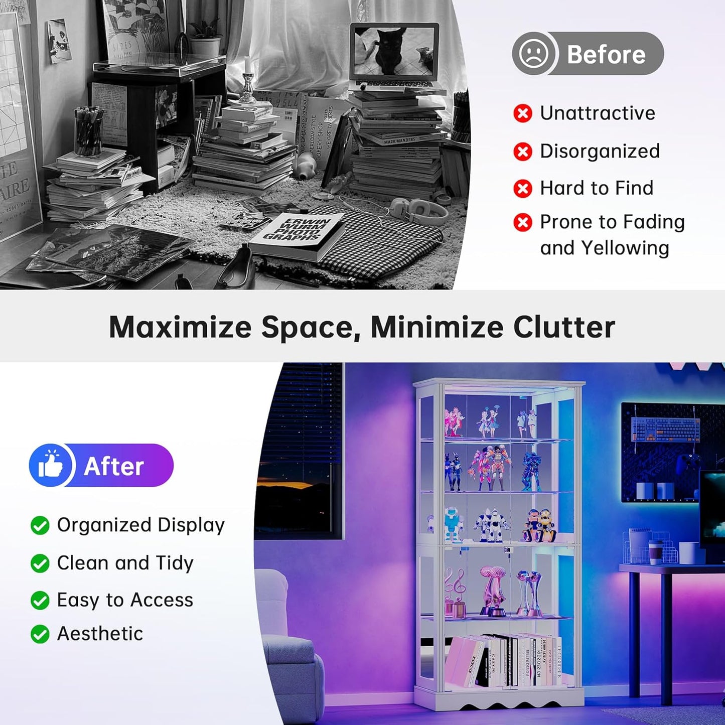 Glass Display Cabinet with RGB Light, 5-Tier Curio Cabinet for Collectibles, Display Case with Removable Shelves, Human Sensor Design, White