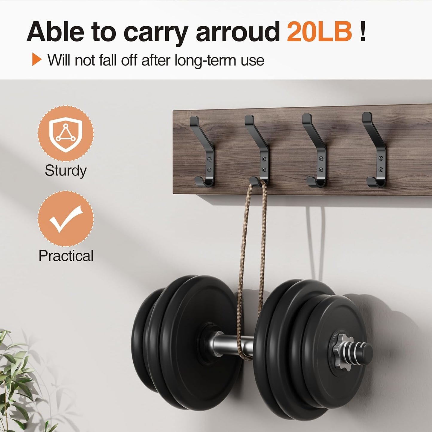 20-Pack Wall Hook for Hanging Coat - 20LB (Max), Stainless Hooks for Towel, Hat, Backpack, Clothes, Wall Mounted Coat Hanger for Closet, Metal, Black