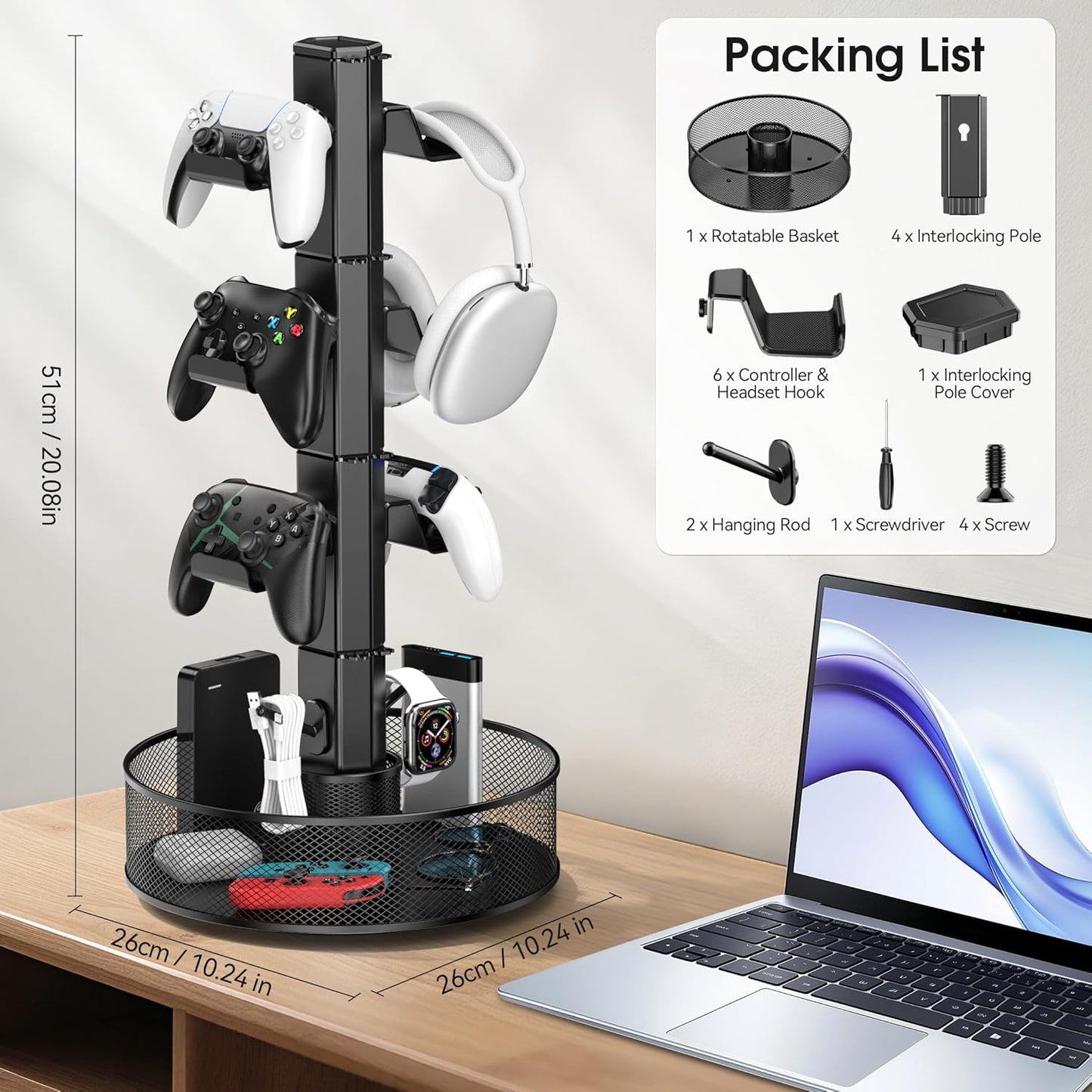 Rotatable Gaming Controller Holder with Basket for Desk, Controller Stand for PS5/PS4/Xbox/Switch/PC Accessories, Holder with Cable Organizer, 4 Tiers Black