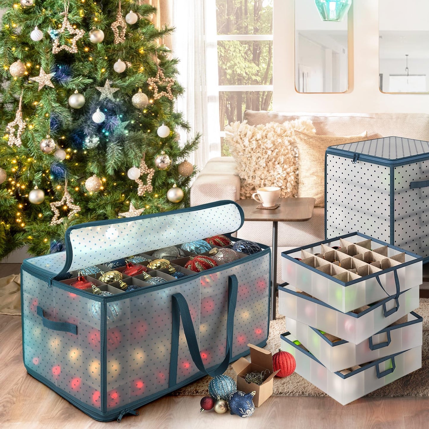 Large Christmas Ornament Storage Box With Adjustable Dividers - Plastic Ornament Storage Container For 128 Holiday Ornaments or Decorations - By Hearth & Harbor