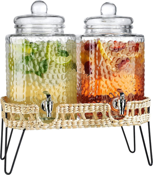 1.5 Gallon Hammered Glass Drink Dispenser for Parties 2 PACK Beverage Dispensers with Stand, Glass Water Jug Dispenser, with 100% Leak Proof Spigot, Great for Party, Wedding, Picnic, BBQ Wicker Design