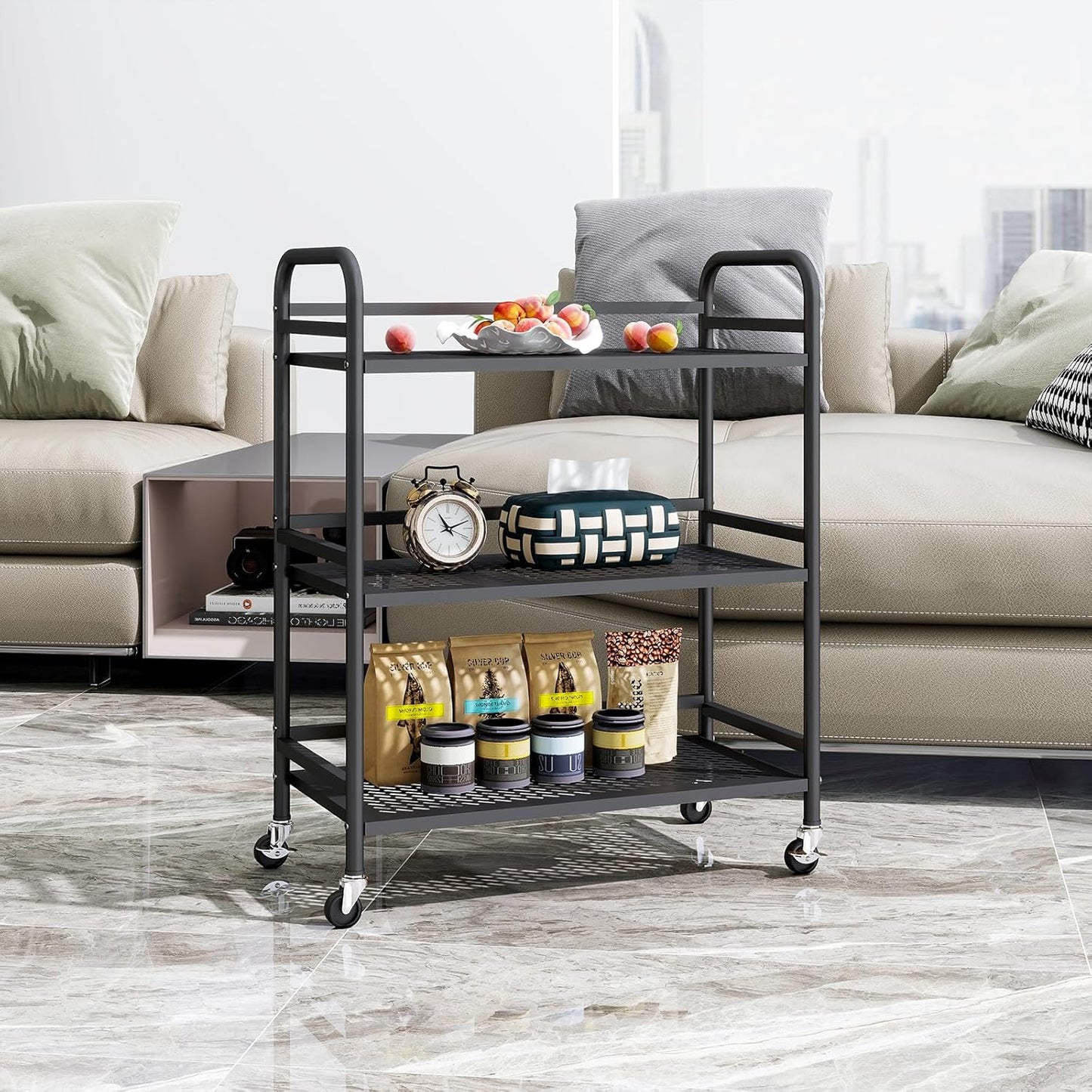 HDANI 3 Tier Metal Rolling Heavy Cart Supports 40 Lbs Per Tier,Mesh Rolling Cart with 2 Lockable Wheels for Office,Home,Bedroom,Kitchen,Bathroom(Black)