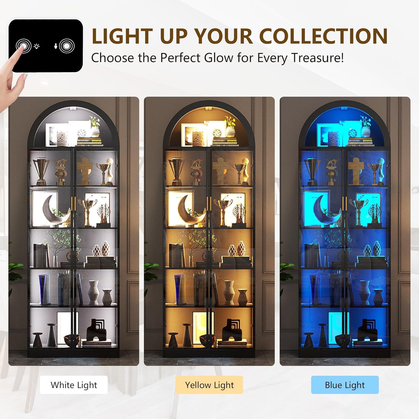 Arch Display Cabinet with Doors and Adjustable Shelves, 76" Tall Curio Cabinet with LED Lights/Storage Space, 6 Tier Display Case Bookcase for Collectibles Bedroom Living Room Office, Black