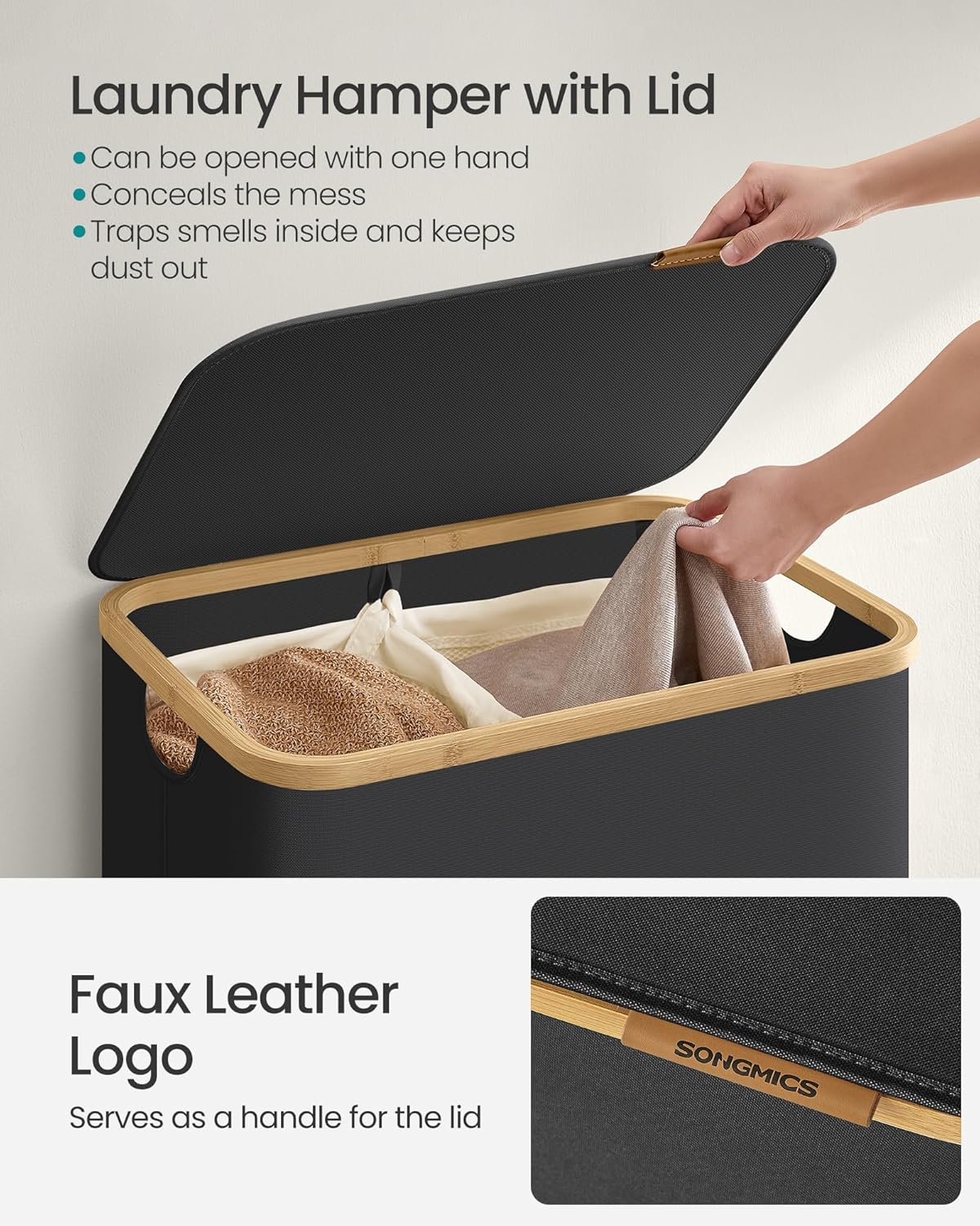 SONGMICS Laundry Hamper with Lid, 2-Section Large Laundry Basket, 34.3-gallon (130L), Removable Mesh Liner, Bamboo Handles, Collapsible, 20.5 x 15.2 x 27.8 Inches, Ink Black ULCB513B01