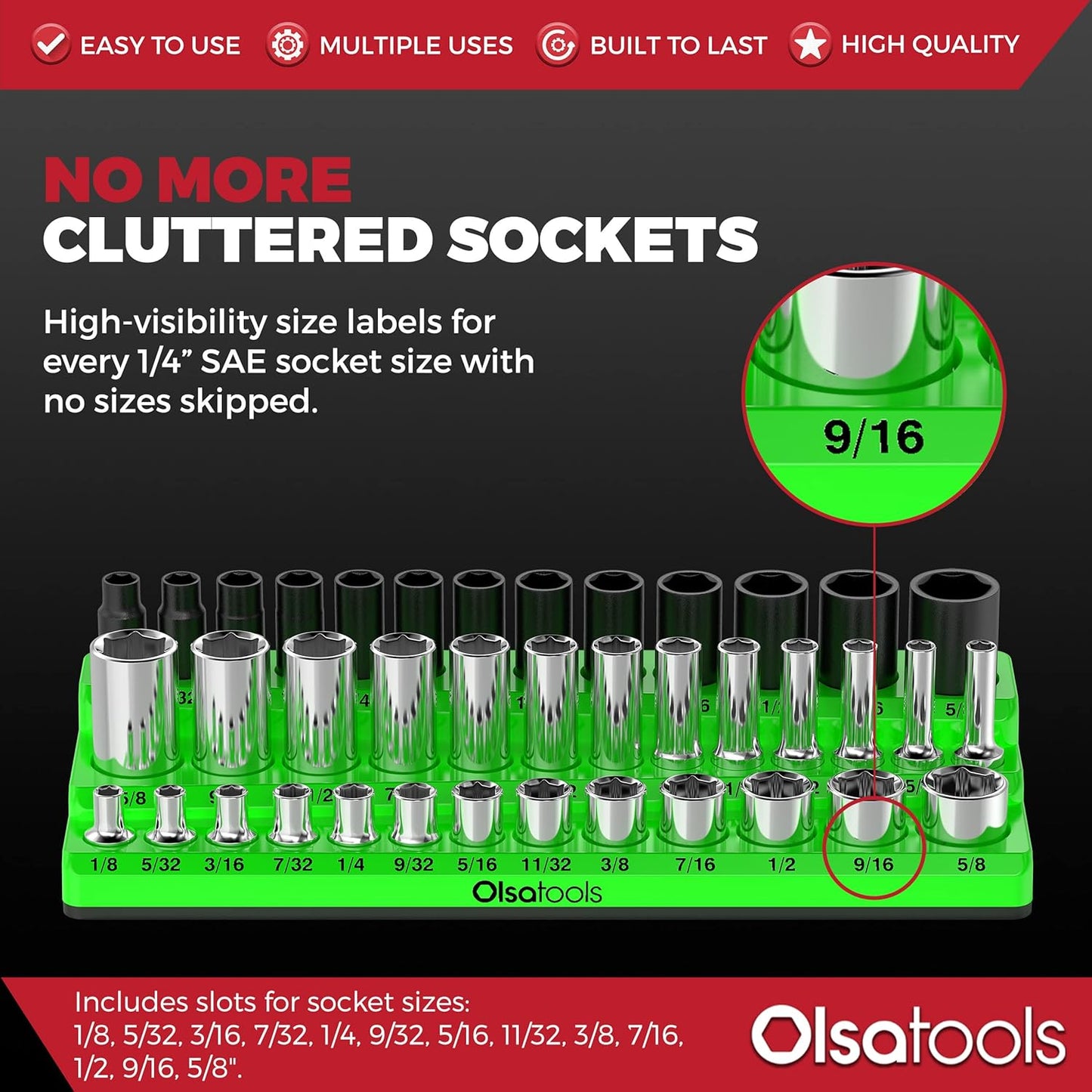 Olsa Tools Magnetic Socket Organizer - 1/4-Inch Drive, 3 Row - Holds 39 SAE Green Sockets - Professional Grade, Part: 1548