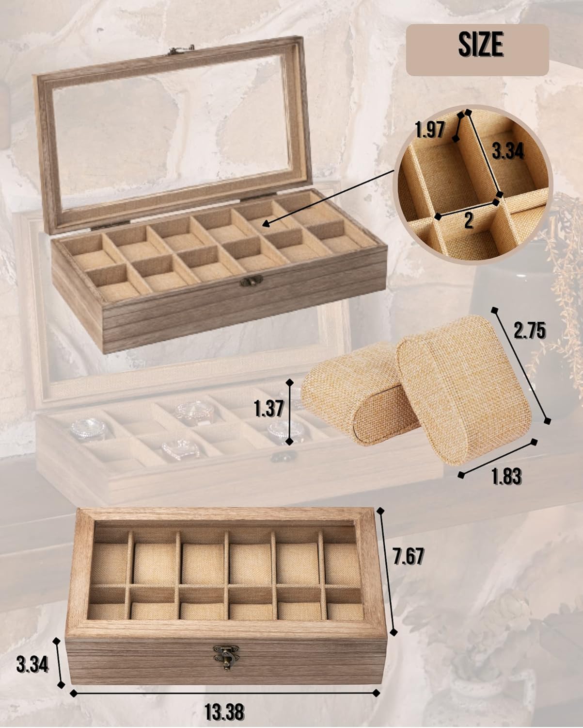 Watch Box, Watch Case for Men Women with Large Glass Lid, Wooden Watch Display Storage Box with 12 - Slots, Weathered Wood Mens Watch Box Organizer