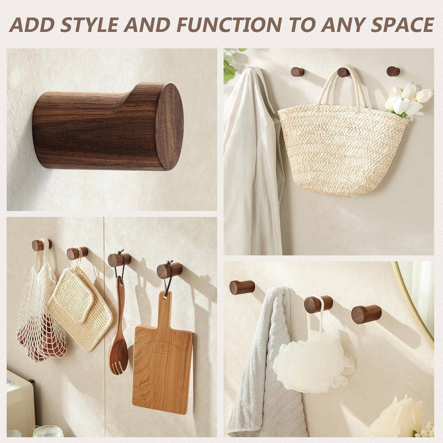 Wooden Wall Hooks 4 Pack, Modern Decorative Coat Hook Wall-Mount, Handmade Rustic Hat Hooks, Entryway Wall Hangers for Hanging Coats Hats Backpack, Bathroom Wood Towel Rack (Walnut)