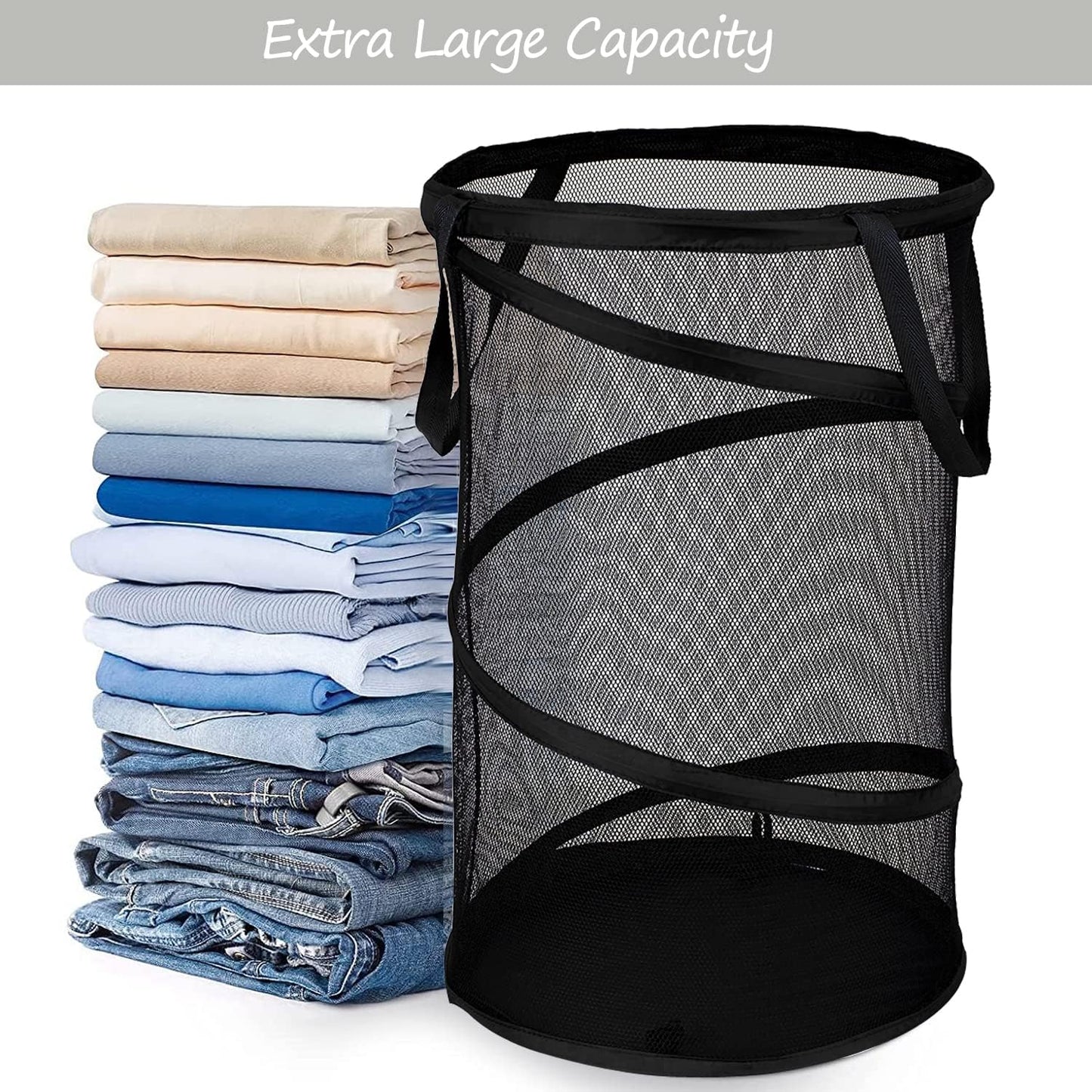 BATTOO Collapsible Laundry Basket Foldable Mesh Pop Up Hamper with Handles for Laundry Room, Bathroom, Kids Room, College Dorm, Travel, Storage Organizer Black