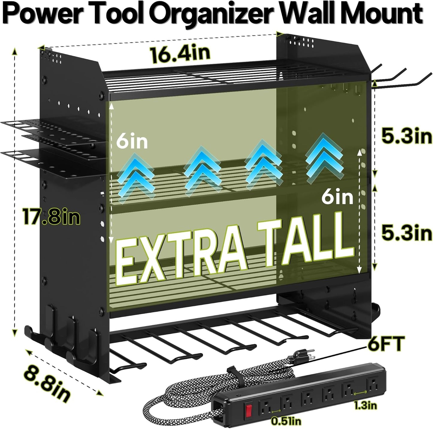 4 Layer Heavy Duty Power Tool Organizer Wall Mount with Charging Station, Adjustable Metal Storage Rack, 6 Outlets Strip, Drill Holders, Hooks & Drill Bit Rack for Garage, Workshop, Black