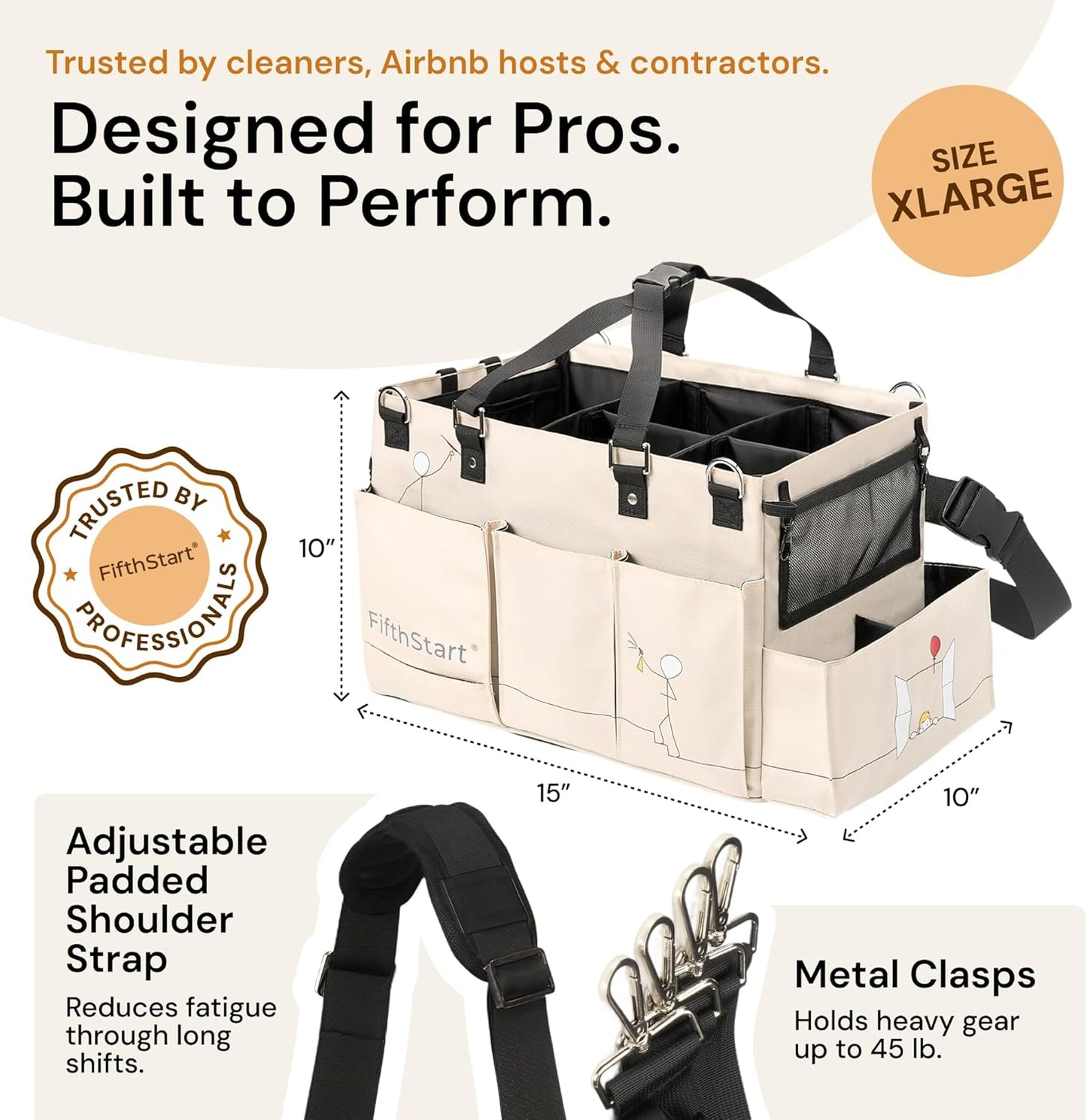 FifthStart Multiuse Cleaning Caddy - Adjustable Straps & Caddy Organizer with Handle - Mesh Base & 9 Pockets Organizer Bag - 5 Dividers & Washable Fabric Cleaning Tote (beige, XL)