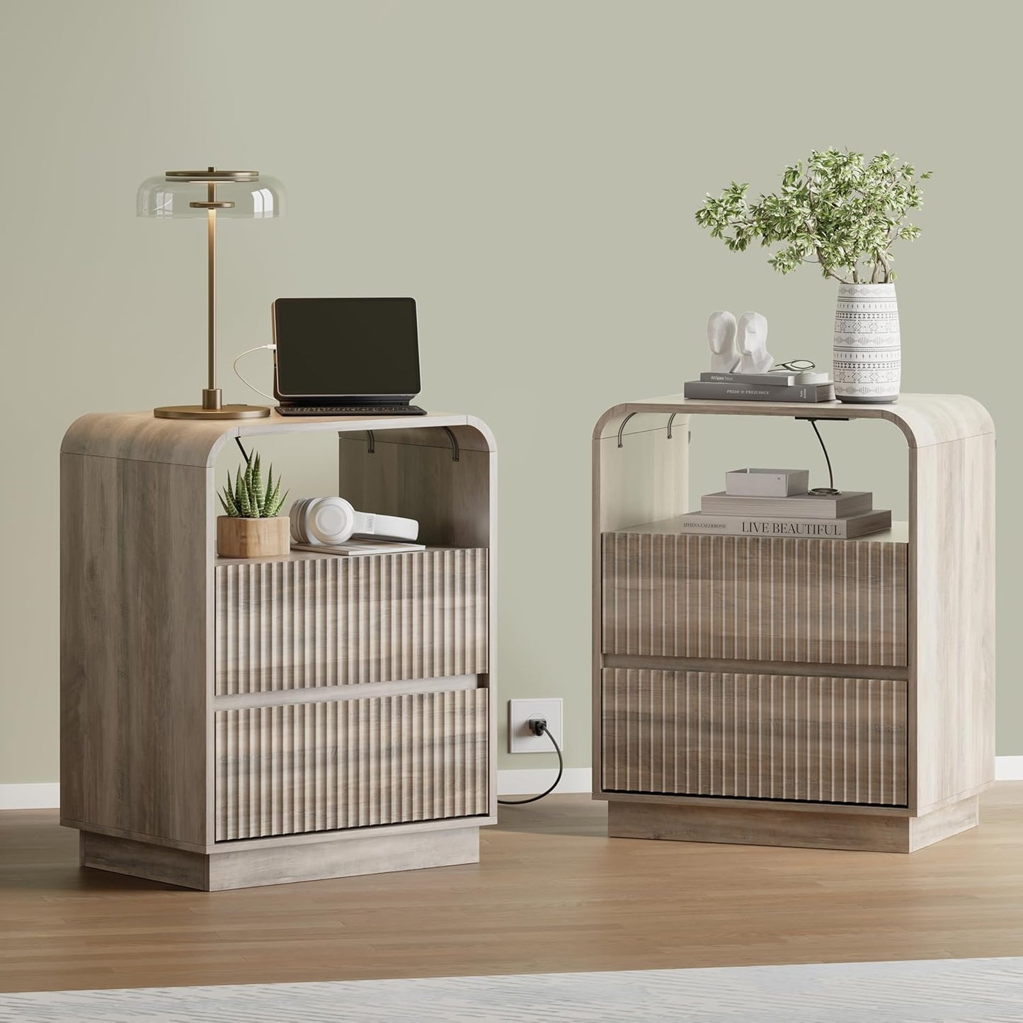Grey Nightstands Set of 2 with Charging Station, Mid Century Modern End Tables & Bedside Tables, Fluted Wood Small Night Stands with 2 Hidden Drawers and Storage Shelf for Bedroom, Gray