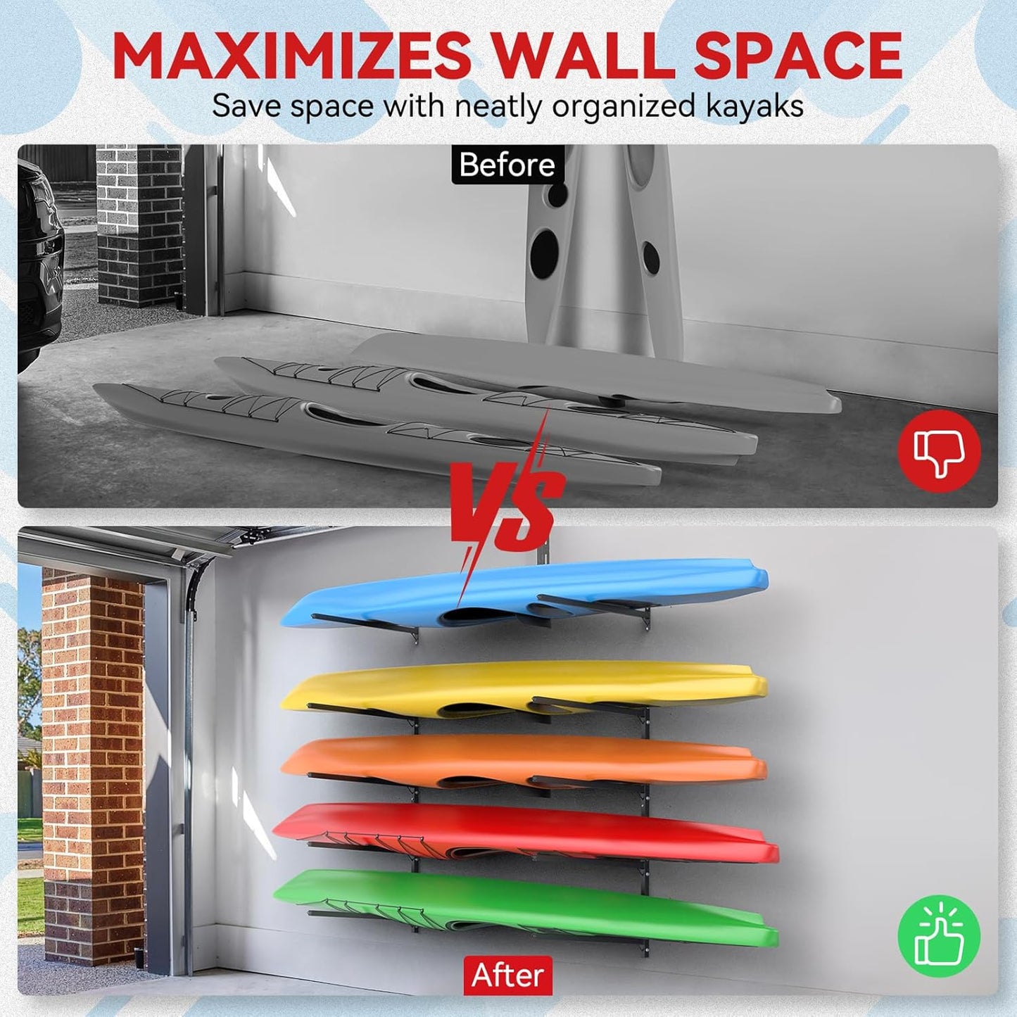 Kayak Storage Rack Wall Mount Adjustable 5 Levels Kayak Rack Wall Hanger Holder for Paddle Boards Surfboard Canoe Kayak Paddle Holder for Garage Indoor Outdoor