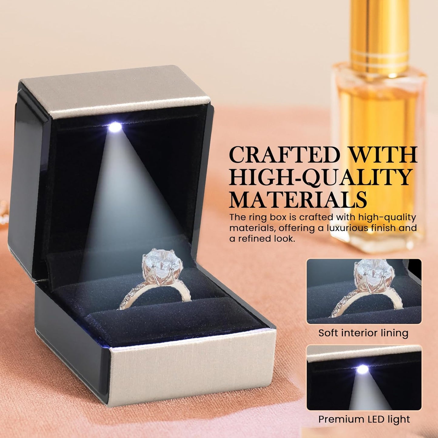 Novel Box Square Shaped Gold Ring Box With LED Light 2.25X2X2.5 Inches - Jewelry Ring Case Best for Jewelry Displays - Gift Boxes for Mother's Day, Engagement, Anniversary & more Happy Occasions