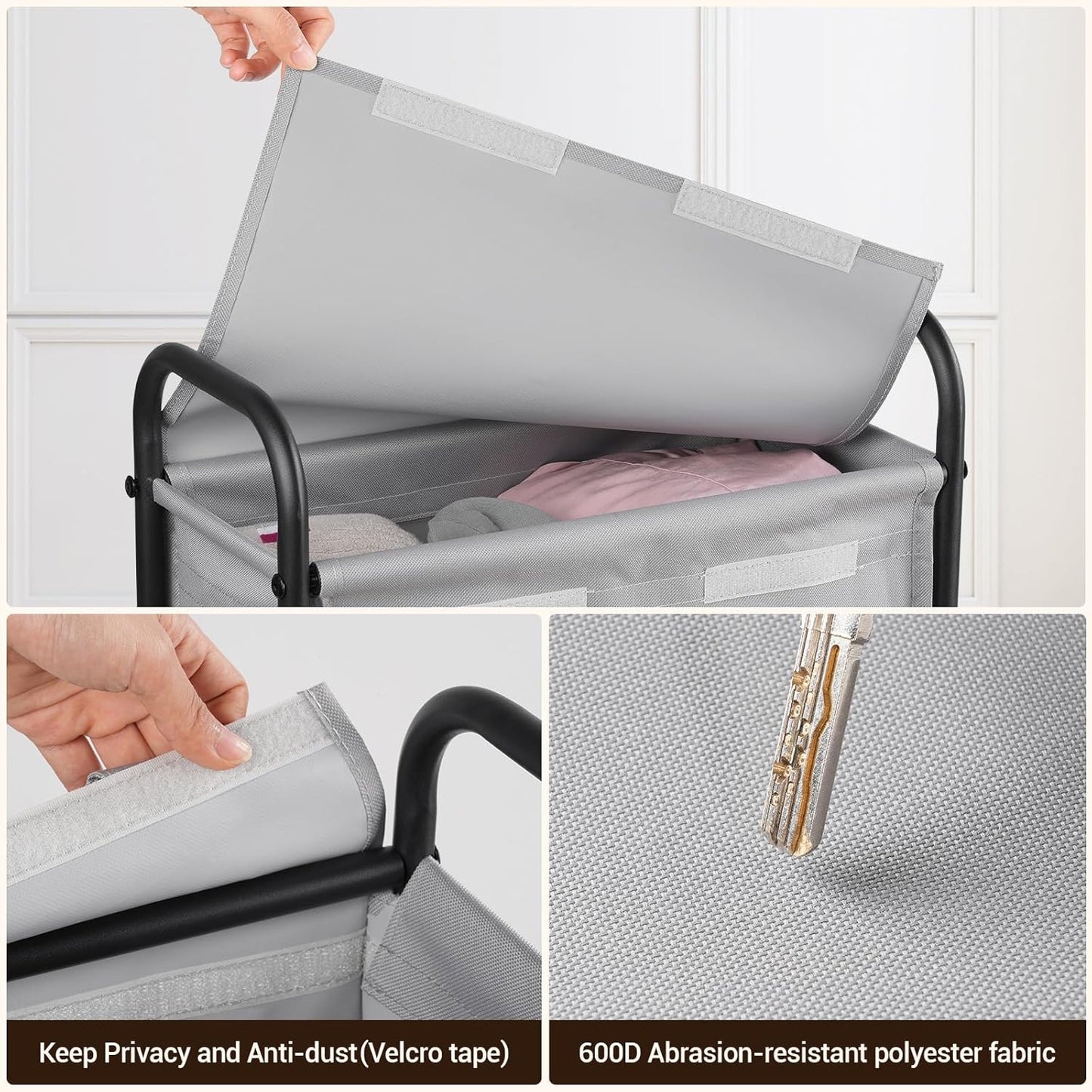 ELYKEN Slim Laundry Hamper with Lid, 50L Small Rolling Laundry Basket on Wheels, 7.9” Narrow Dirty Cloth Cart with Removable Inner Bag for Small Bathroom, Bedroom, Grey