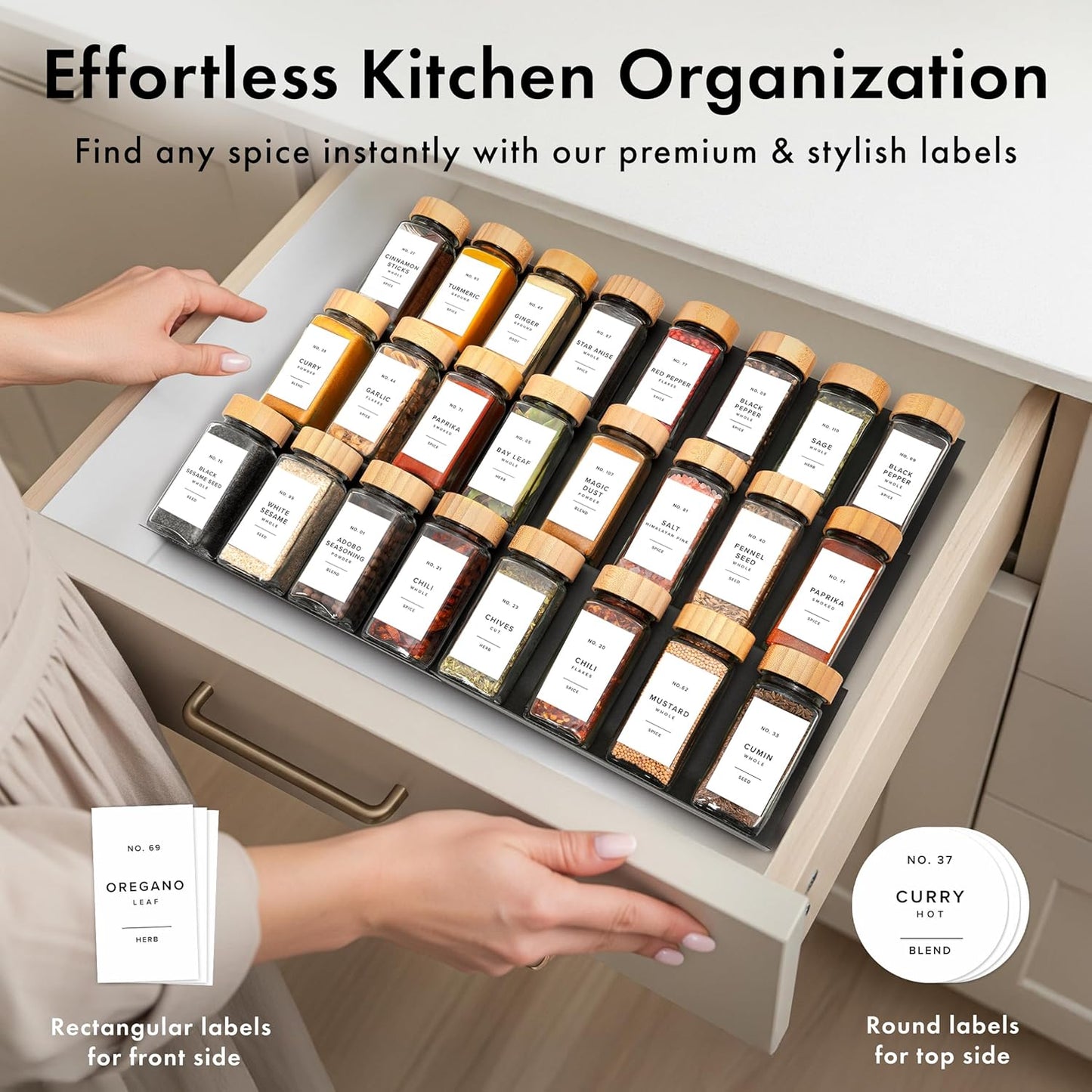 Square Spice Jars with Bamboo Wooden Lid (Pack of 24) Spice Jars with Shaker Insert and 240 Labels - Bamboo Lid Glass Container for Spice Organisation [4.3 in × 1.8 in]