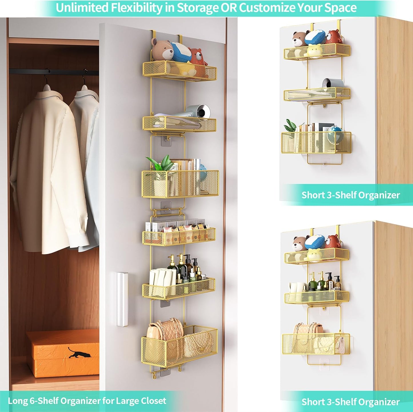 HapiRm Over Door Organizer Storage - Separable Door Organizer Hanging with 6 Metal Large Capacity Baskets for Bathroom Bedroom Kitchen Pantry Closet (Gold)
