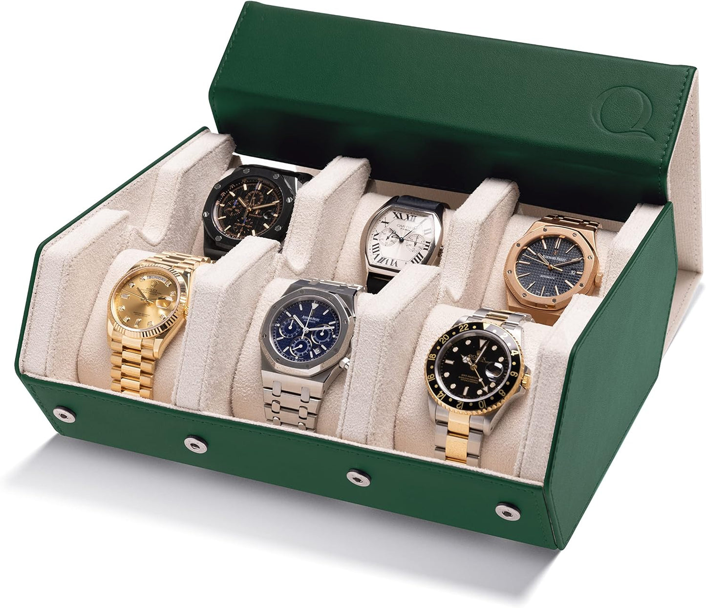 QWATCHBANDS Napa Leather Watch Case for Men - Watch Roll Storage Organizer & Watch Display - Six Slot Luxury Watch Box for Home or Travel - Mens 6 Watch Holder Case (Green Cream)