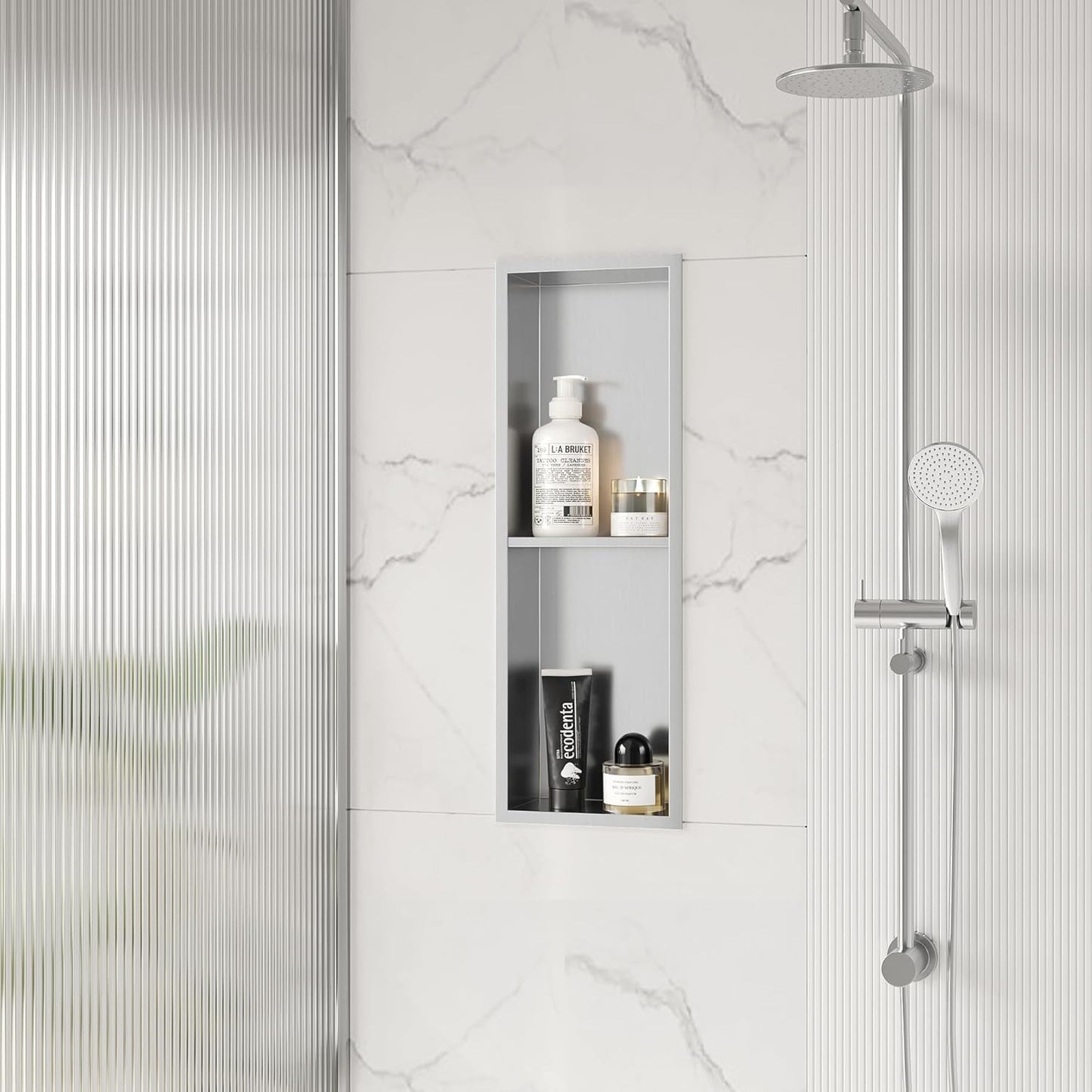 Stainless Steel Shower Niche 24" X 8", No Tile Needed Wall Niche Double Shelves, Recessed Shower Shelf for Bathroom Storage, Brushed Nickel