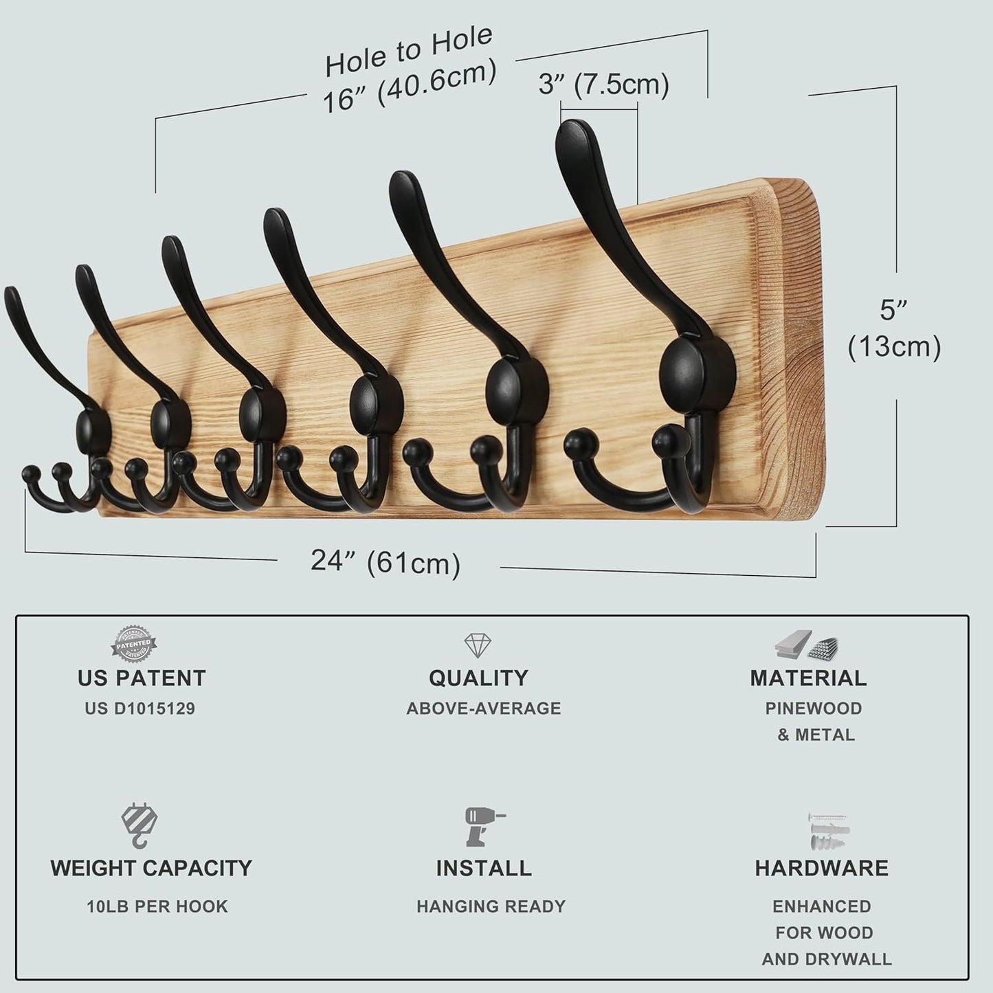 Dseap Coat Rack Wall Mounted - 24" Long 6 Tri Hooks, Heavy Duty Wooden Wall Coat Hanger Coat Hook for Clothes Hat Jacket Clothing, Weathered Light Natural and Black, Pack of 2