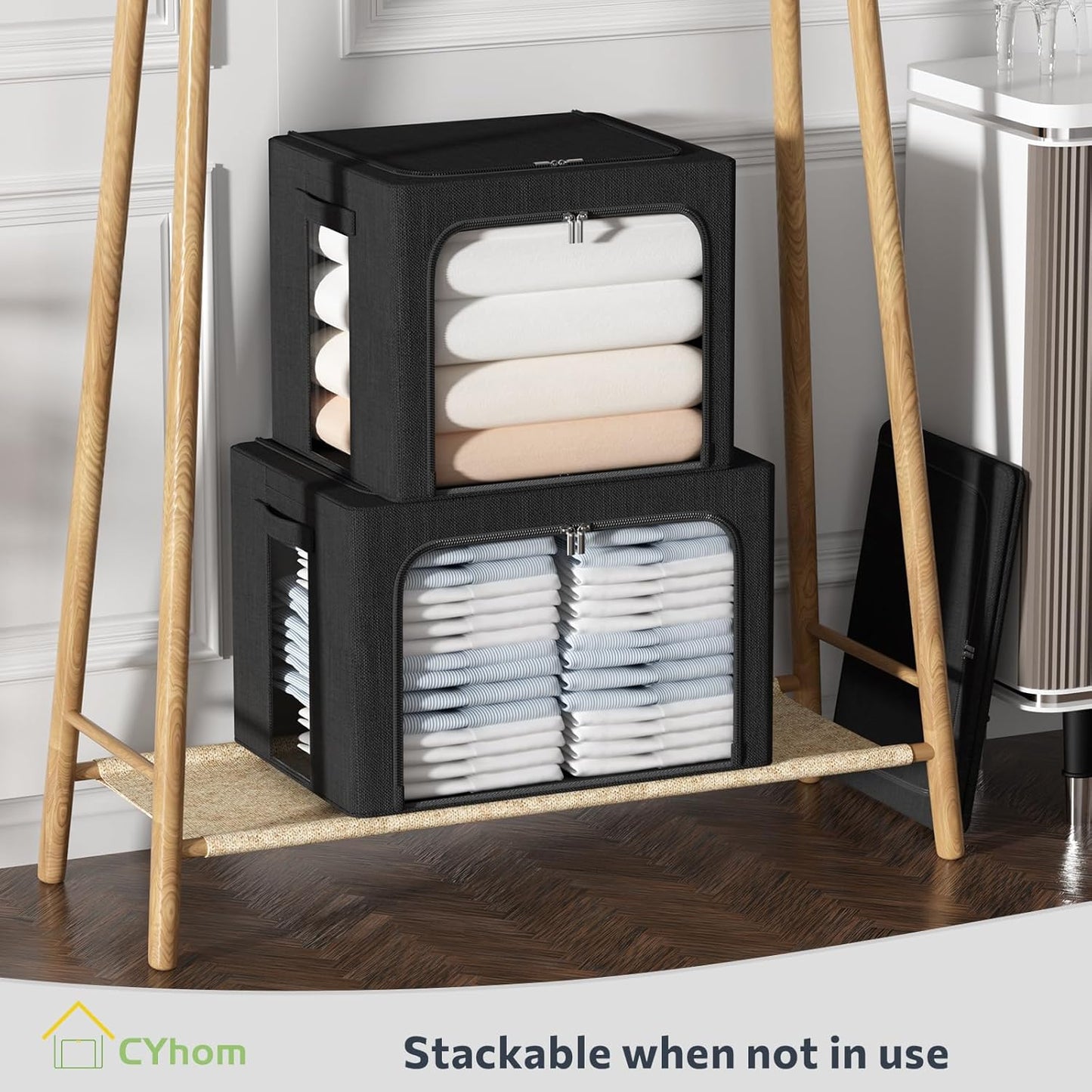 CYhom Extra Large Clothes Storage Bins Box - Linen Fabric Foldable Stackable Container Organizer Set with Clear Window & Carry Handles & Metal Frame (Black, Extra Large-100L)