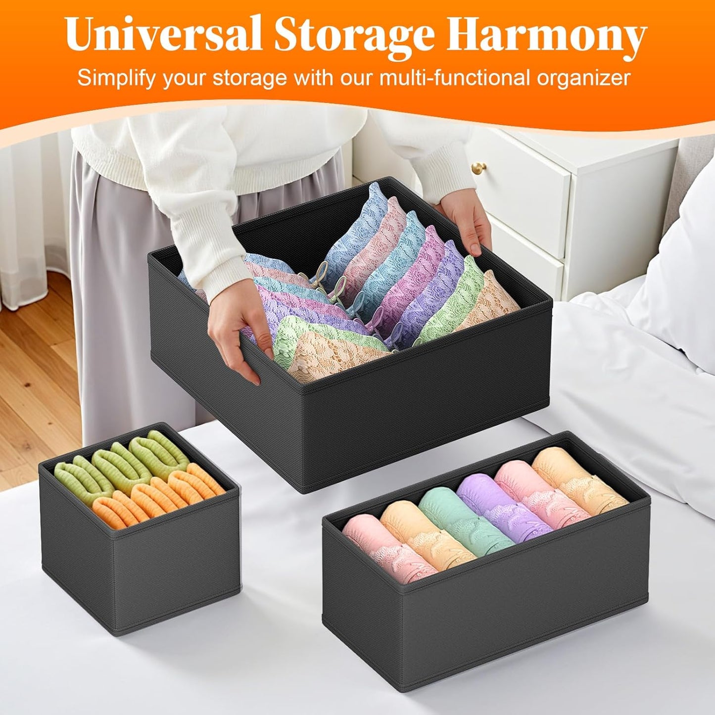 Drawer Organizer Clothes, 24 Pack Drawer Organizers and Underwear Organizer for Nursery, Dividers Clothes Organizer, Closet Organization and Foldable Storage Bins for Sock, Bra, Tie, Black