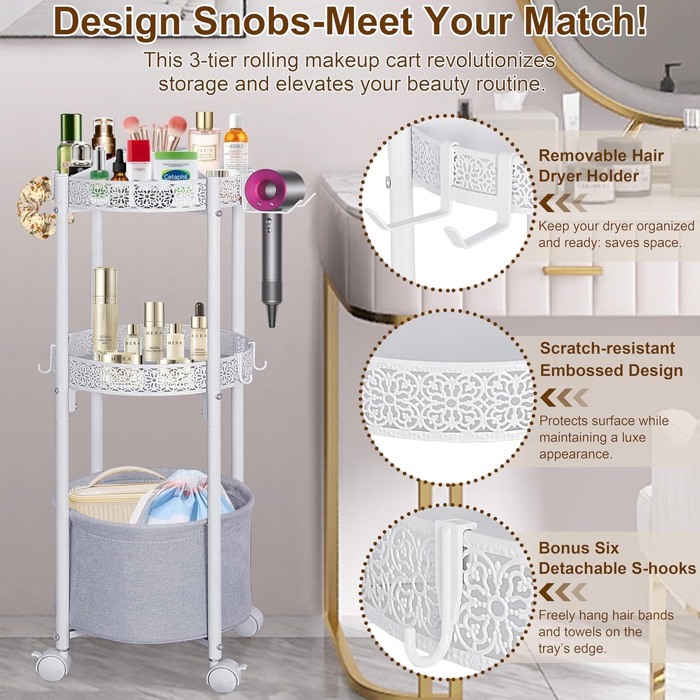 Rolling Makeup Cart Organizer with Removable Hair Dryer Holder, 3 Tier Round Floor Makeup Organizer with Wheels for Cosmetic, Perfume, Nail Polish, Small Space Bathroom Storage Cart, White